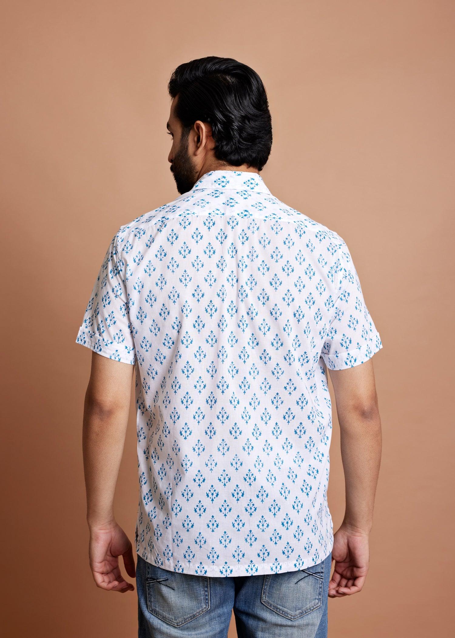 White & Peacock Blue Regular Cotton Half Sleeve Shirt Ratan Texprocess Pvt. Ltd