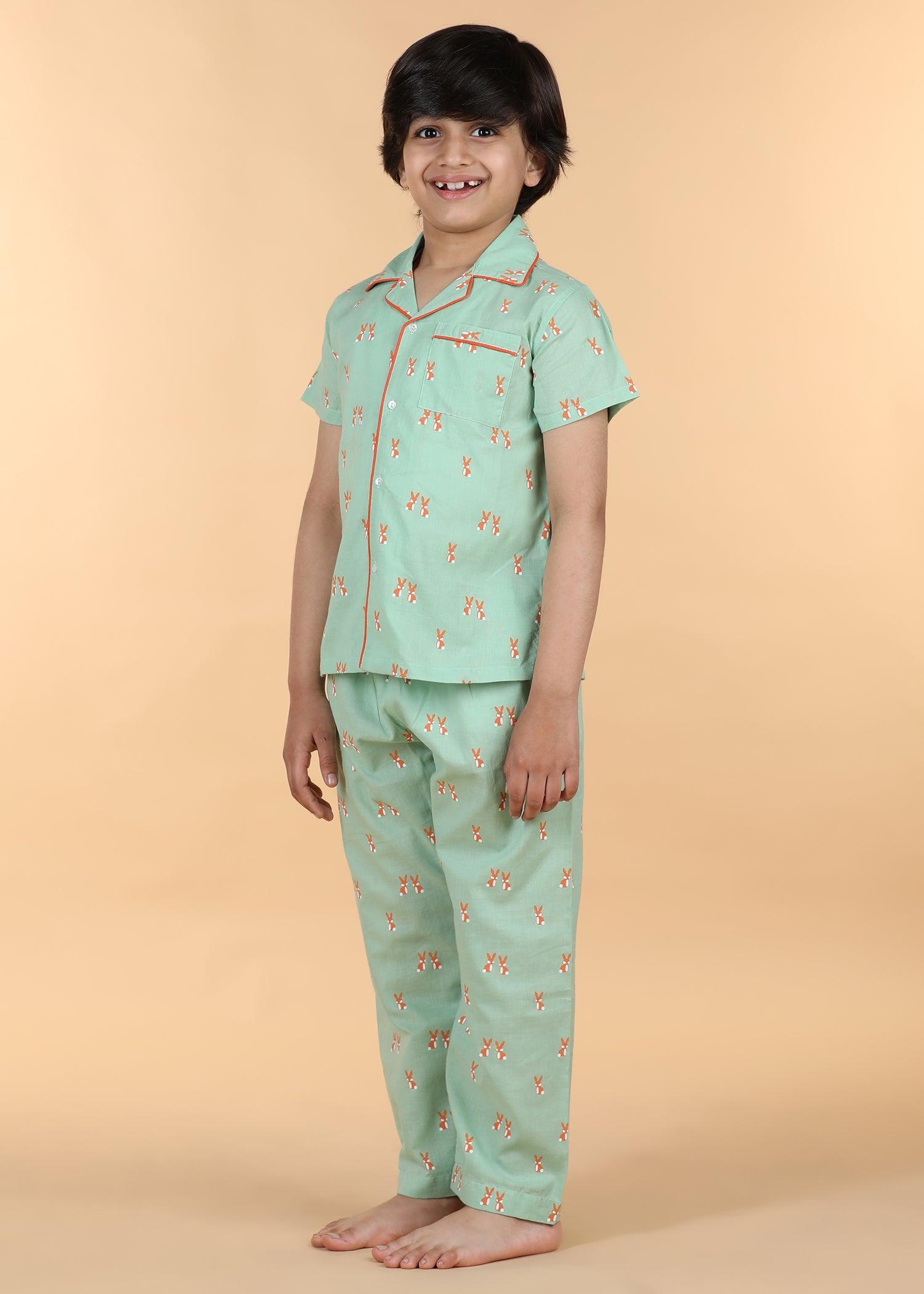 Rabbie Green Half Sleeves Cotton Unisex Nightsuit (1-12 Yrs) Ratan Texprocess Pvt. Ltd