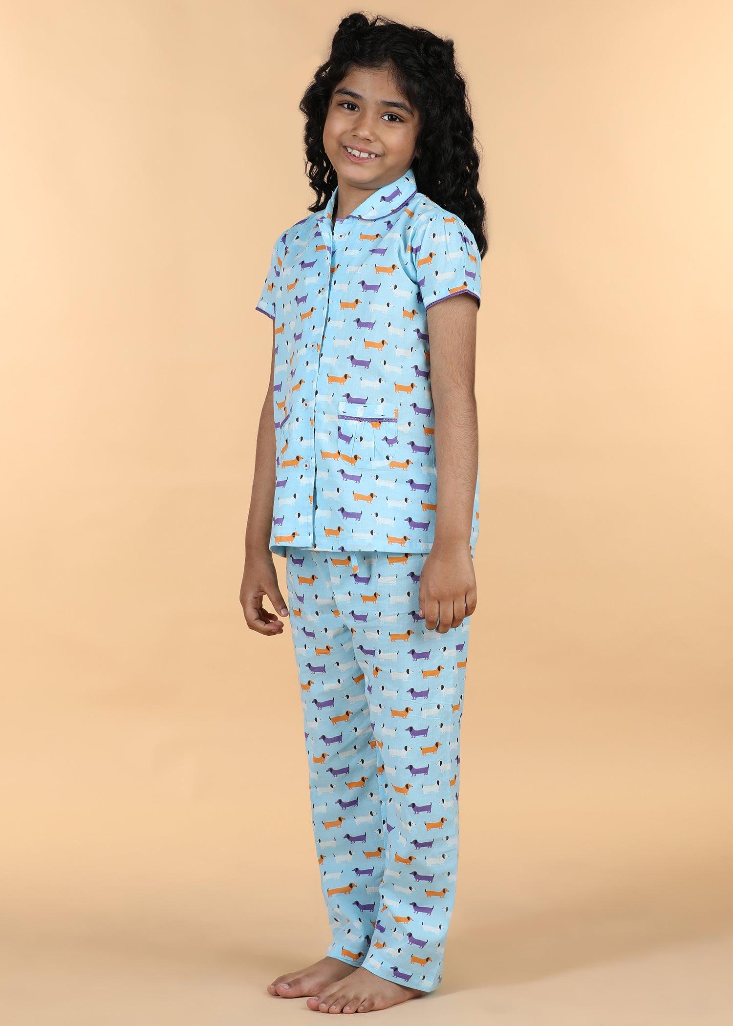 Dachshund Blue Half Sleeves Cotton Girl's Nightsuit (1-12 Yrs) Ratan Texprocess Pvt. Ltd