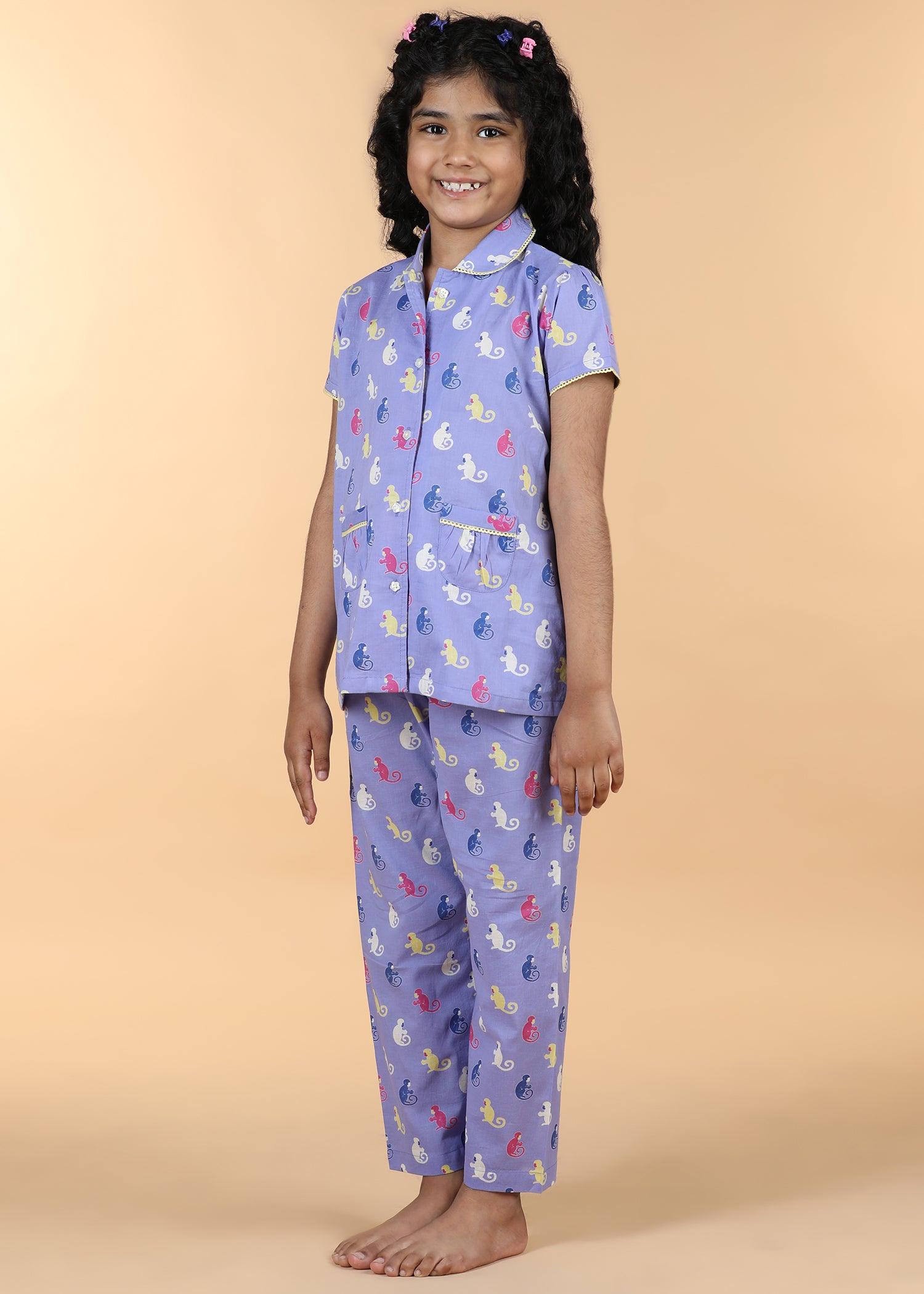 Wise Monkey Lilac Half Sleeves Cotton Girl's Nightsuit (1-12 Yrs) Ratan Texprocess Pvt. Ltd