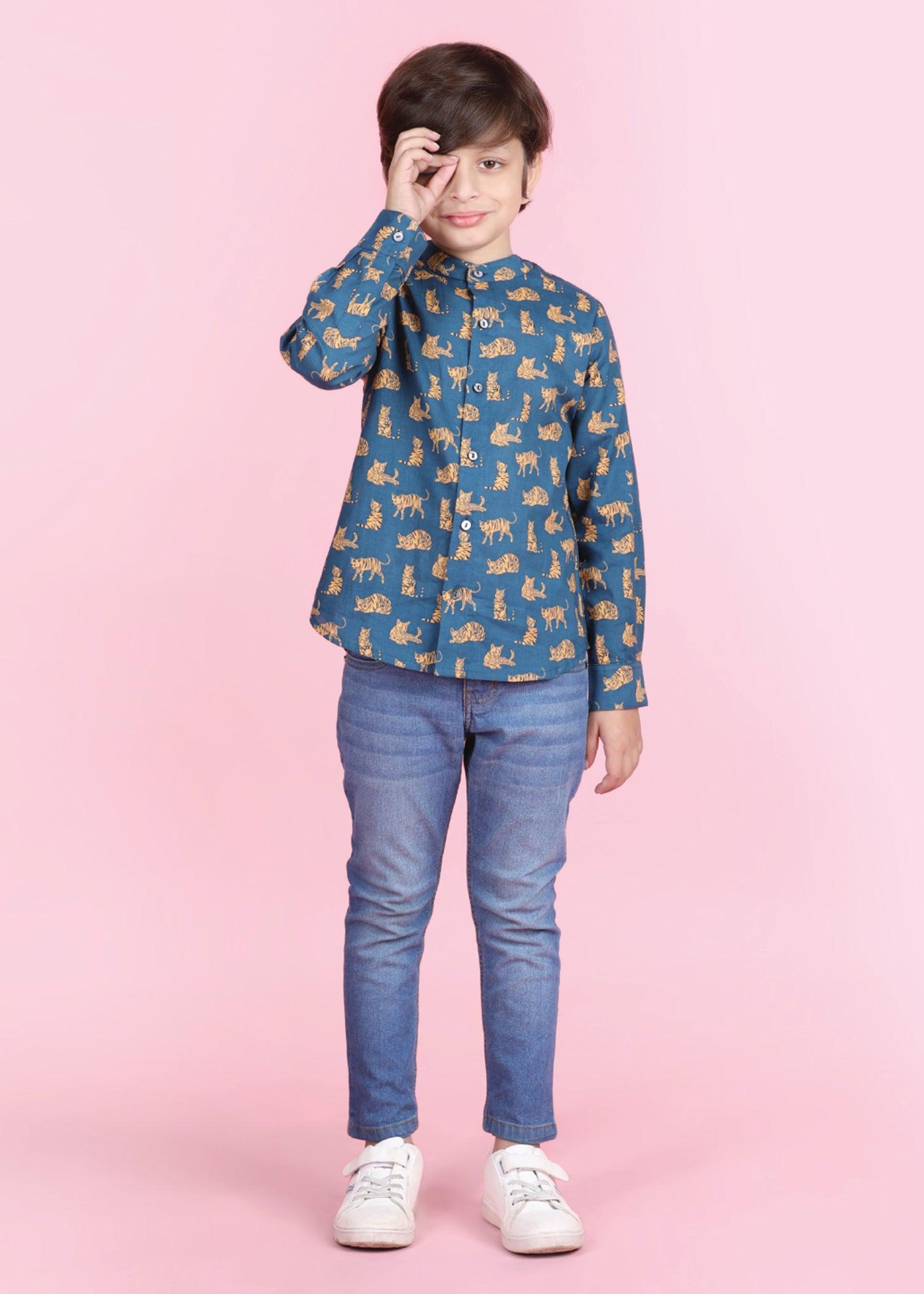 Cat Teal Cotton Full Sleeves Shirt Boy (6 Months -12 Years) Ratan Texprocess Pvt. Ltd