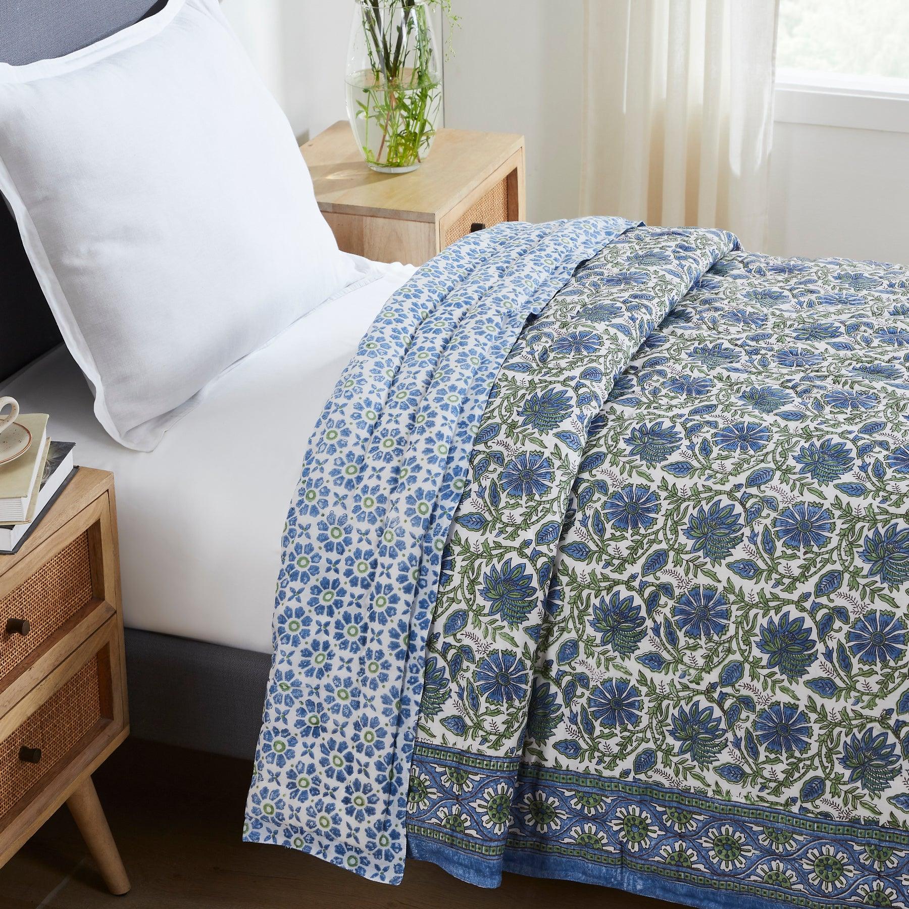 Floral Harmony Blue & Green Hand Block Printed Medium Cotton Quilt Ratan Texprocess Pvt. Ltd