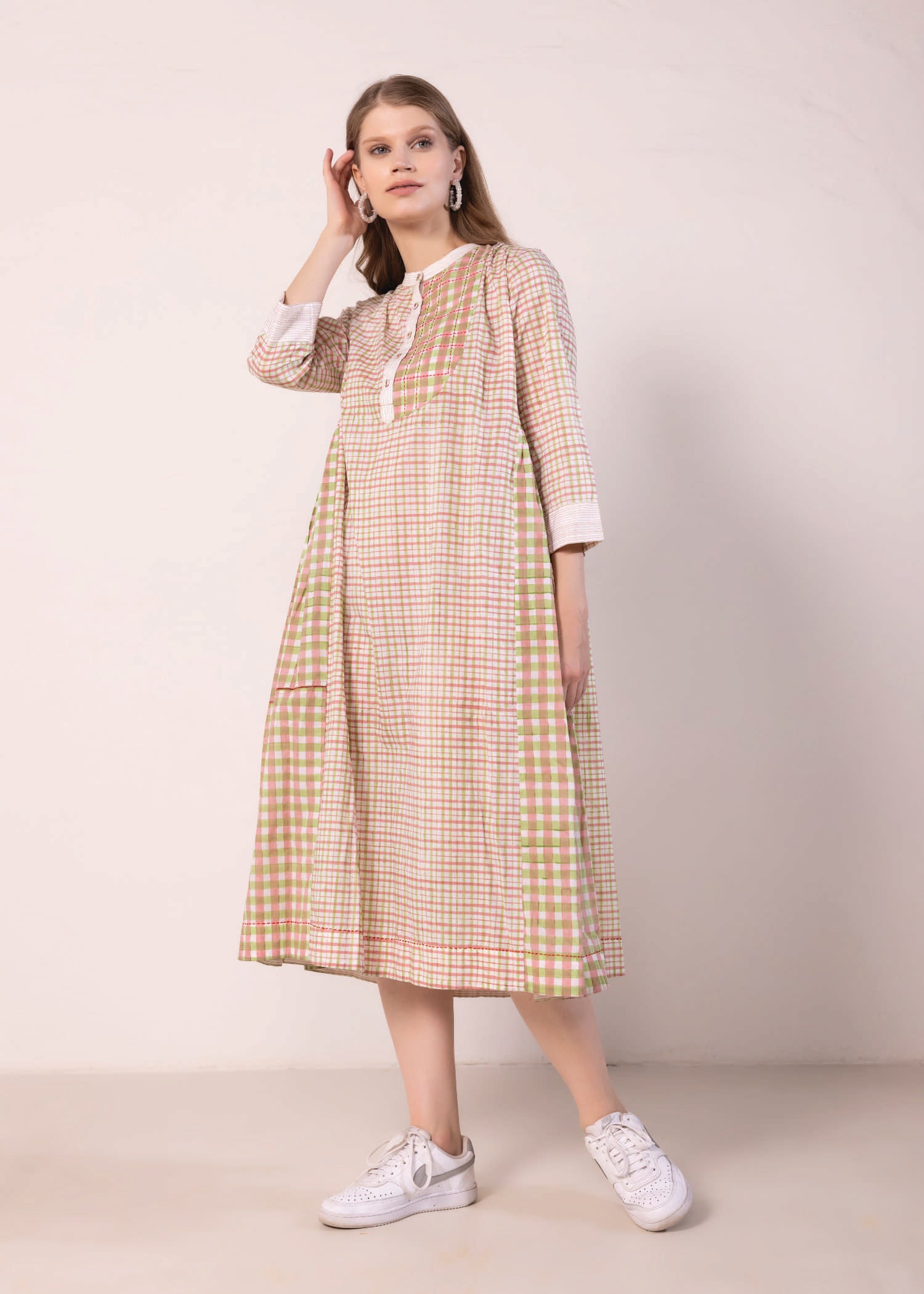 Pink & Green Loose Cotton Cross-Over Gather Dress Ratan Texprocess Pvt. Ltd