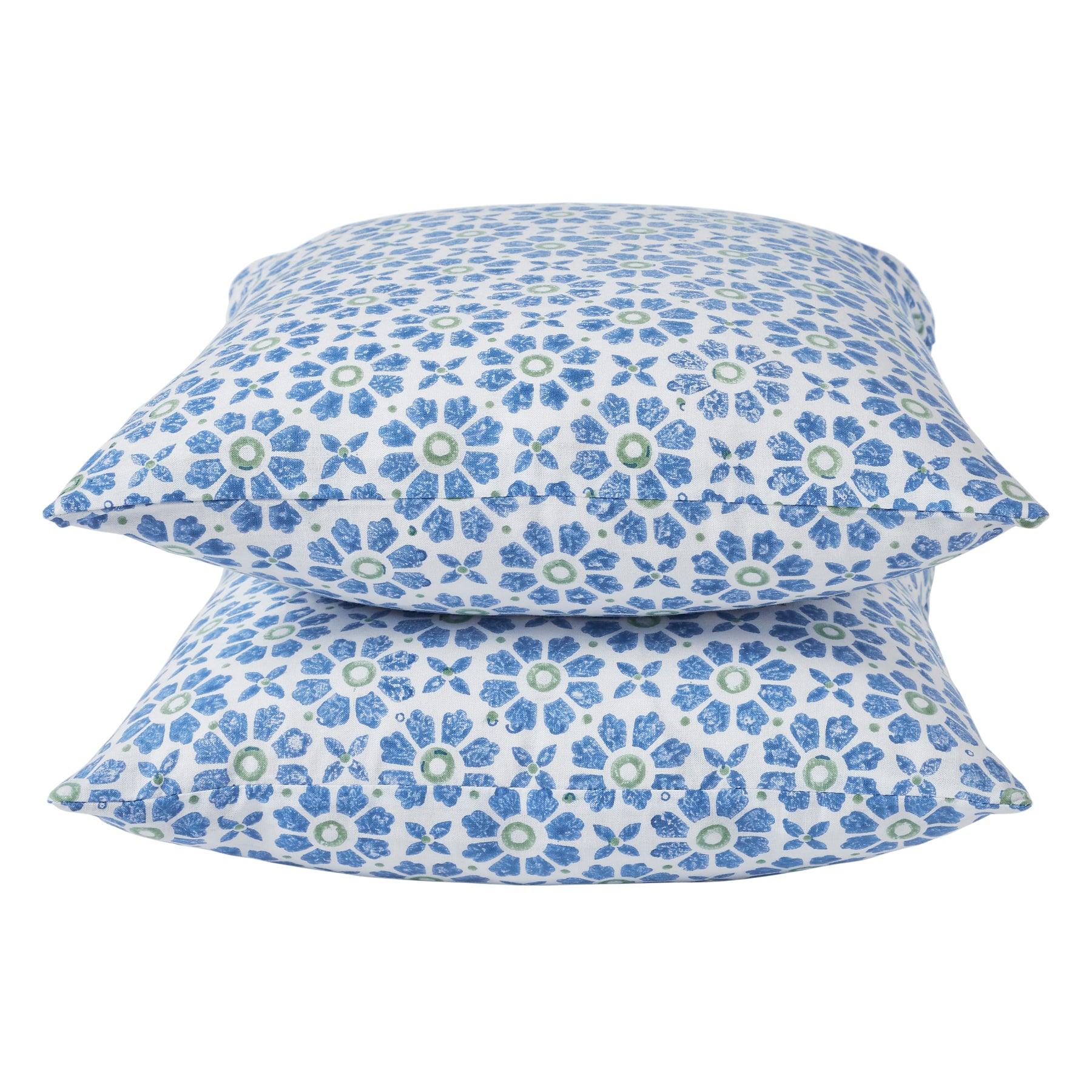 Floral Harmony Blue & Green Hand Block Print Cotton Cushion Cover Ratan Texprocess Pvt. Ltd