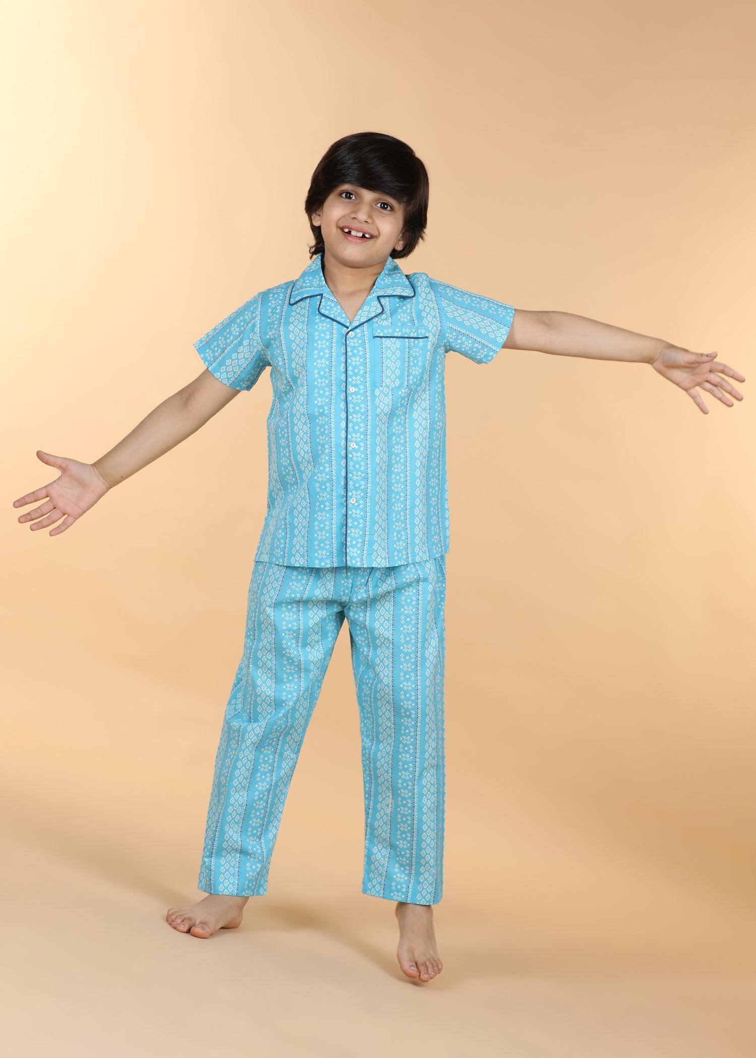 Diamond Stripe Blue Half Sleeves Cotton Unisex Nightsuit (1-12 Yrs) Ratan Texprocess Pvt. Ltd