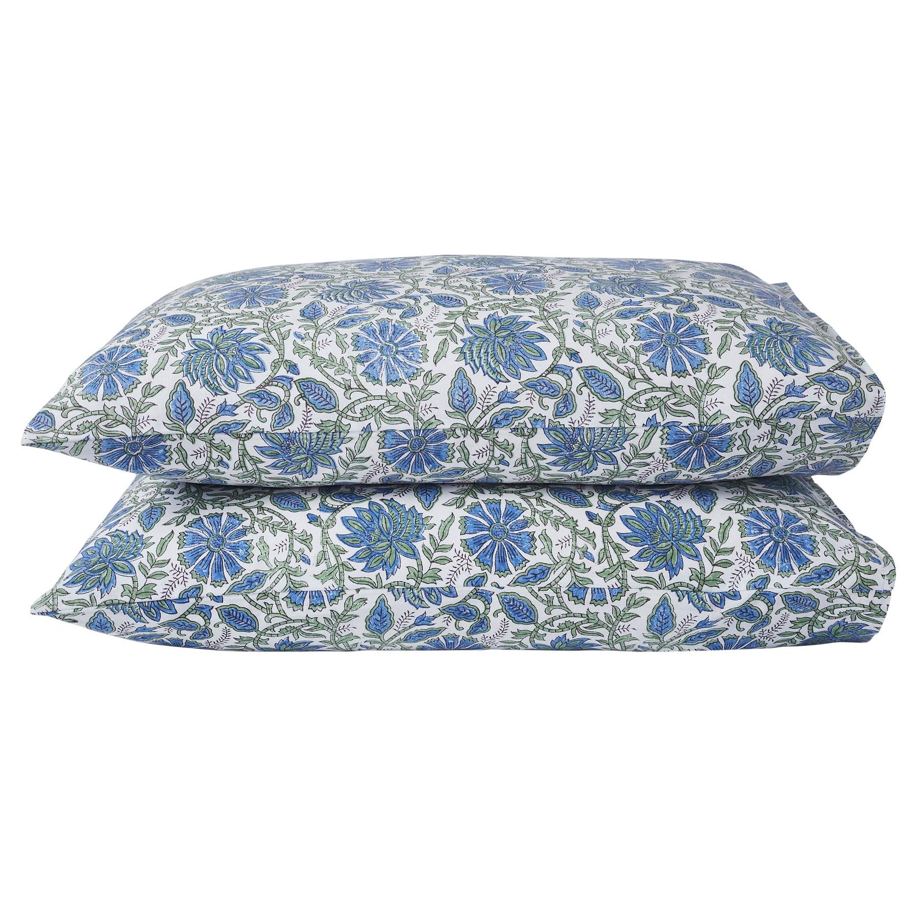 Floral Harmony Blue & Green Hand Block Print Cotton Pillow Cover Ratan Texprocess Pvt. Ltd