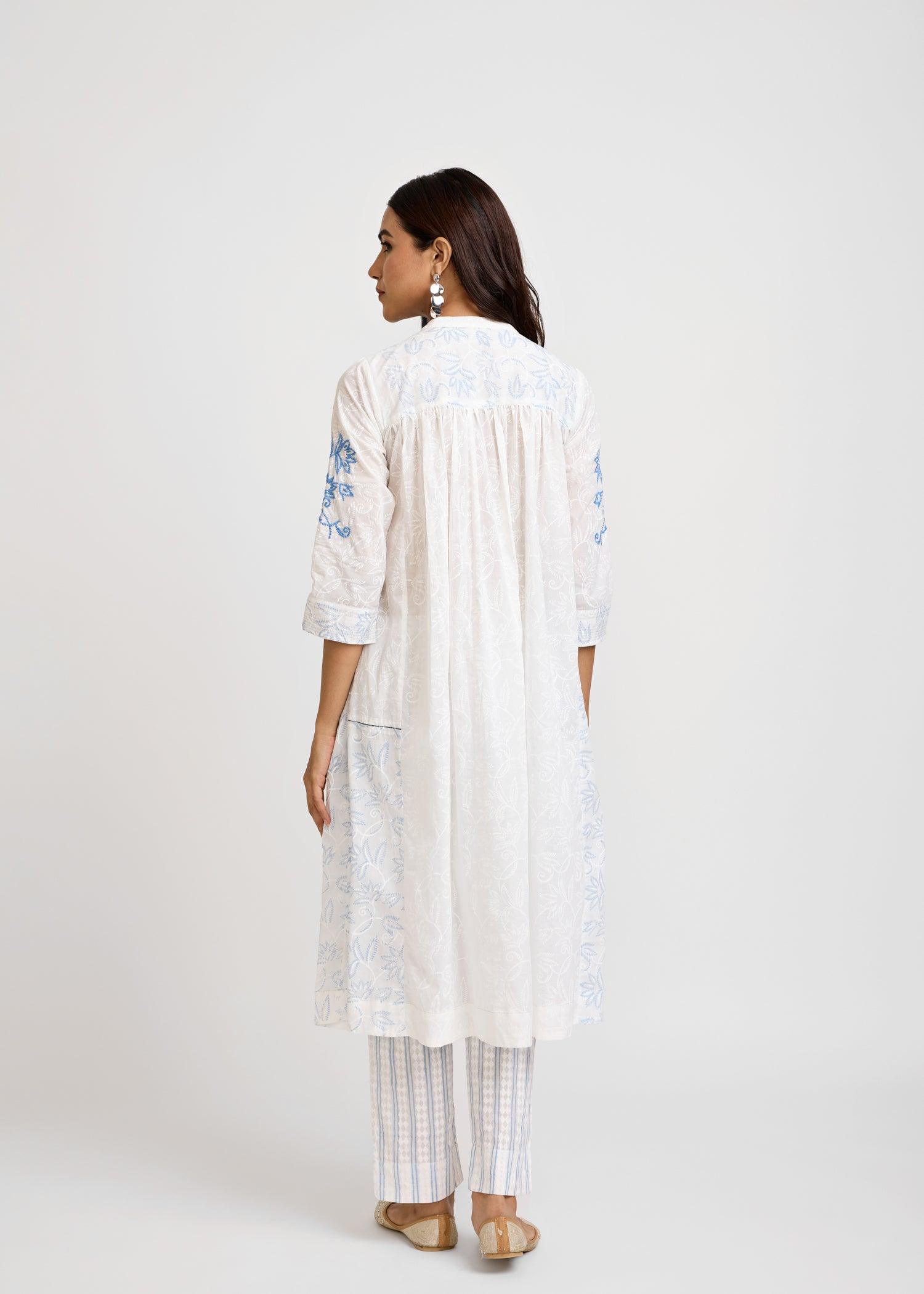 Gathered White & Blue Kurta Ratan Texprocess Pvt. Ltd