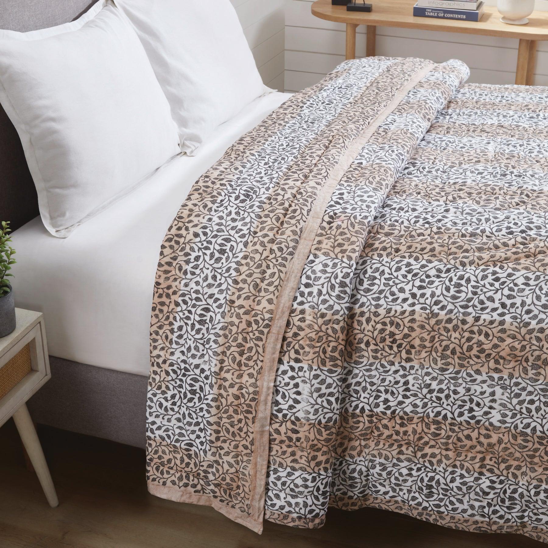 Leaf Trellis Beige & Charcoal Hand Block Print Lightweight Cotton Quilt Ratan Texprocess Pvt. Ltd