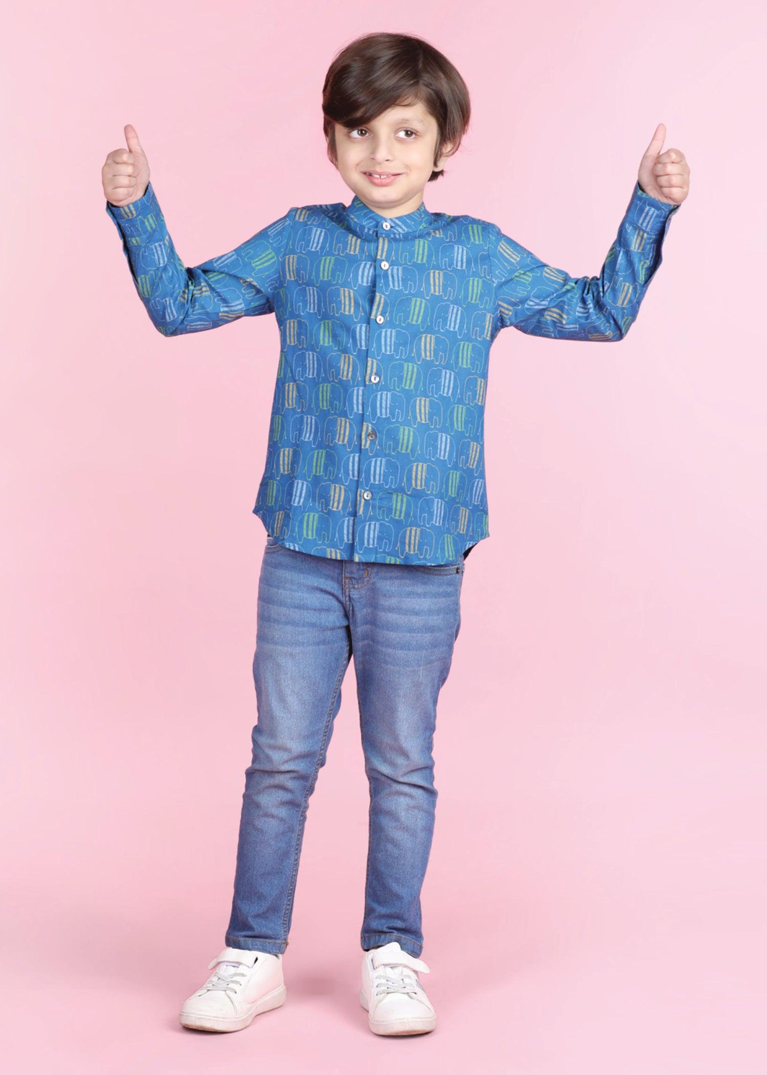 Crayon Elephant Blue  Cotton Full Sleeves Shirt Boy  (6 Months -12 Years) Ratan Texprocess Pvt. Ltd