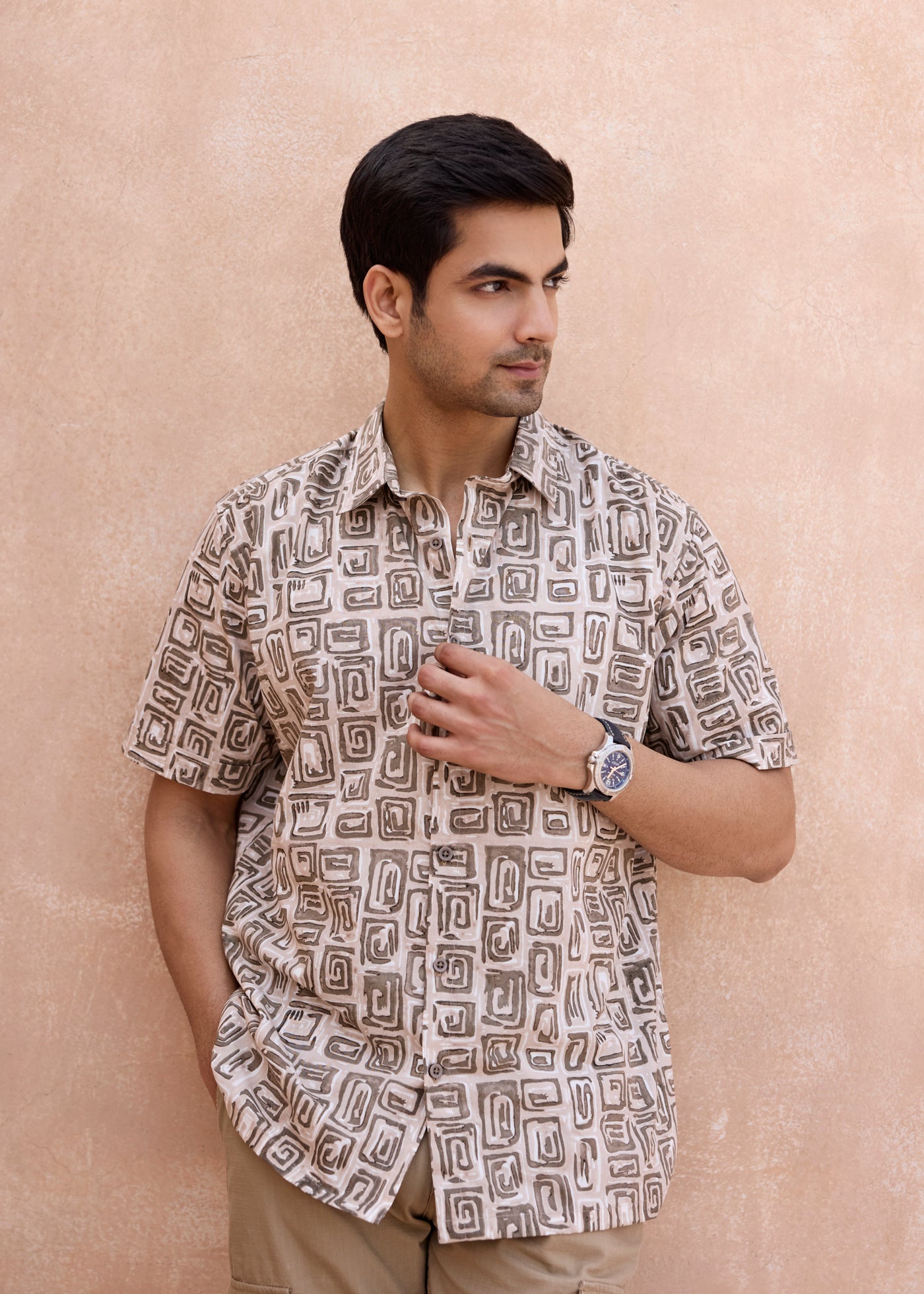 Half Sleeves Shirt-Beige/Brown