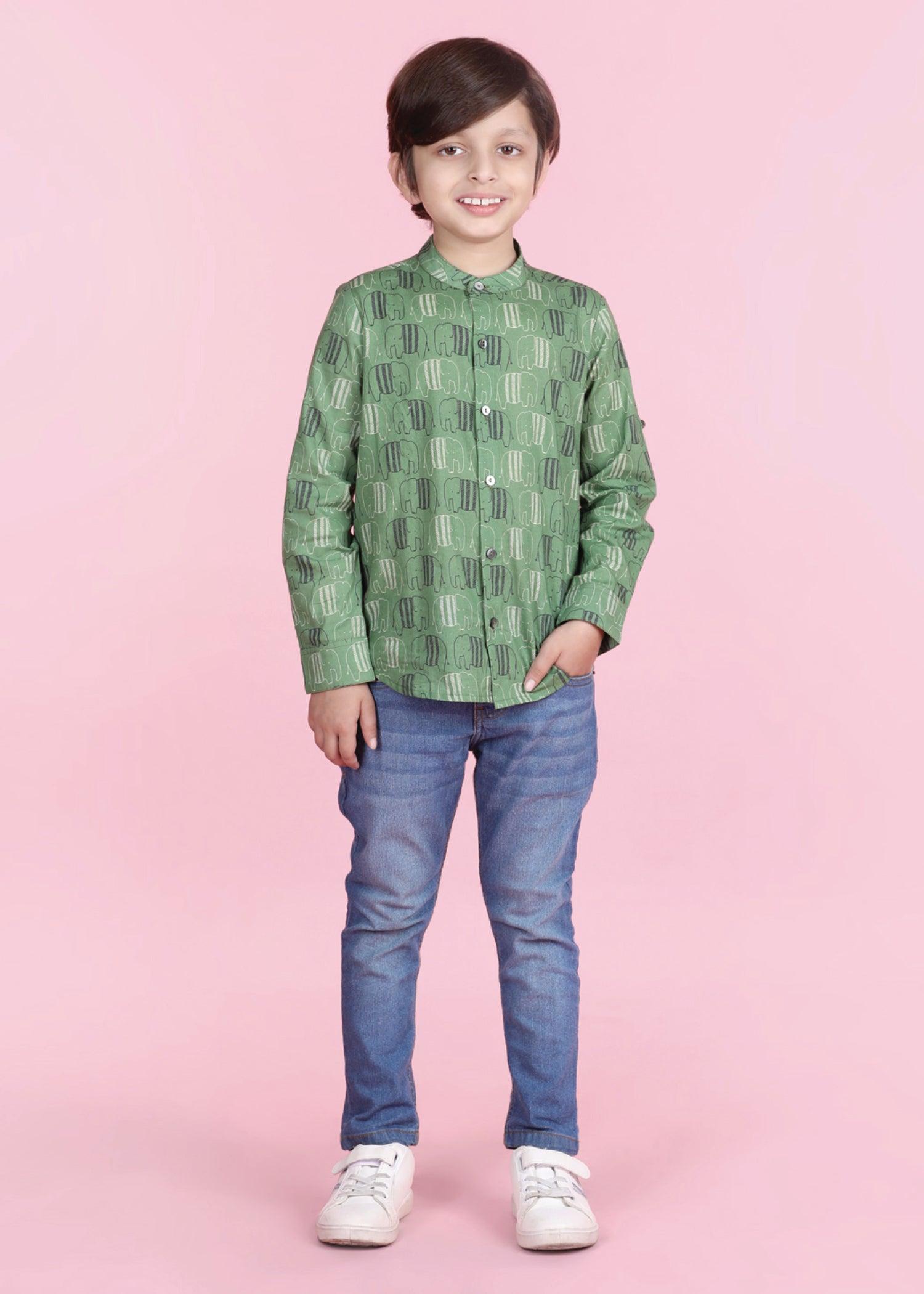 Crayon Elephant Green  Cotton Full Sleeves Shirt Boy  (6 Months -12 Years) Ratan Texprocess Pvt. Ltd