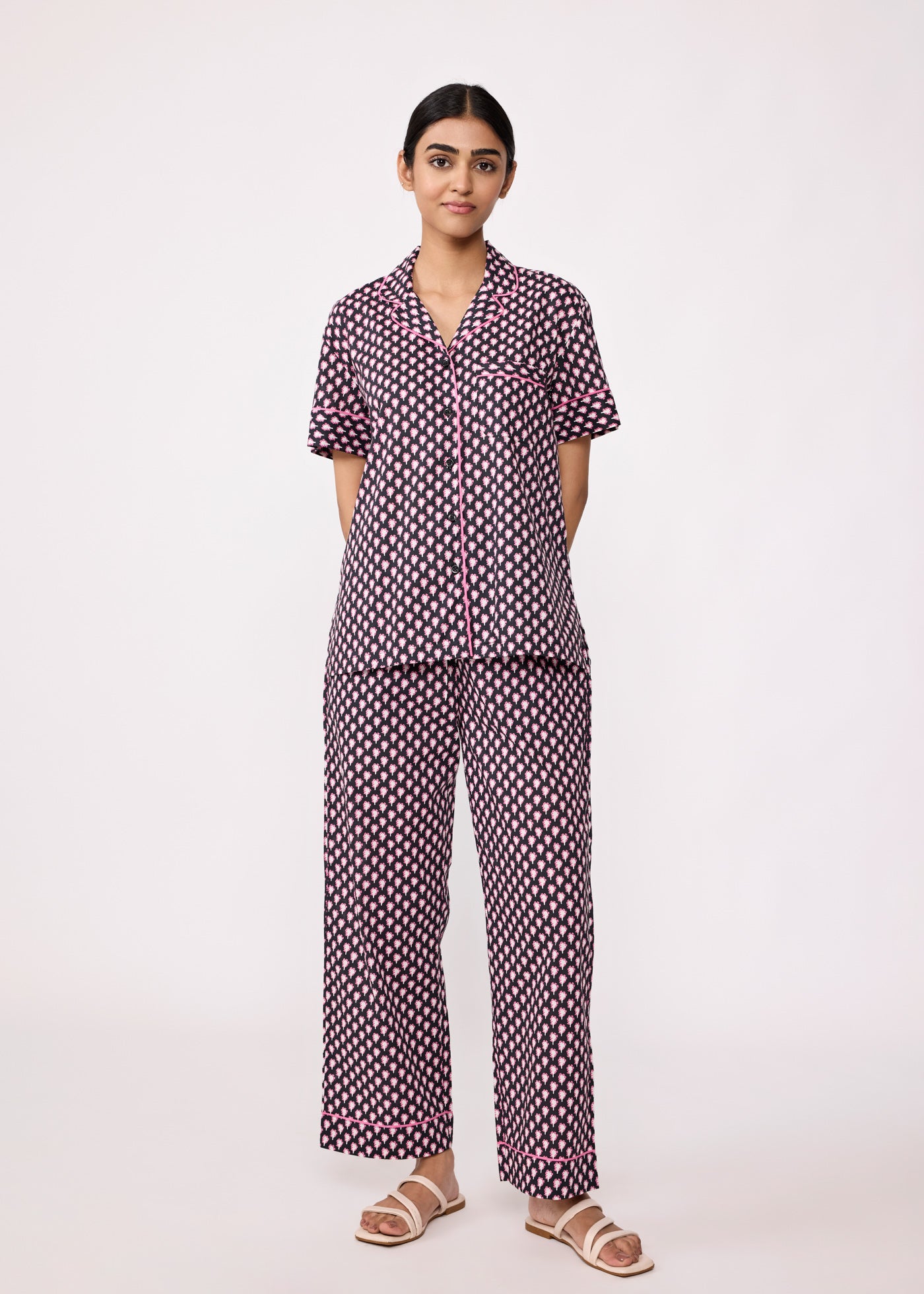 Women Sleepwear Night Suit Set-Black/Pink