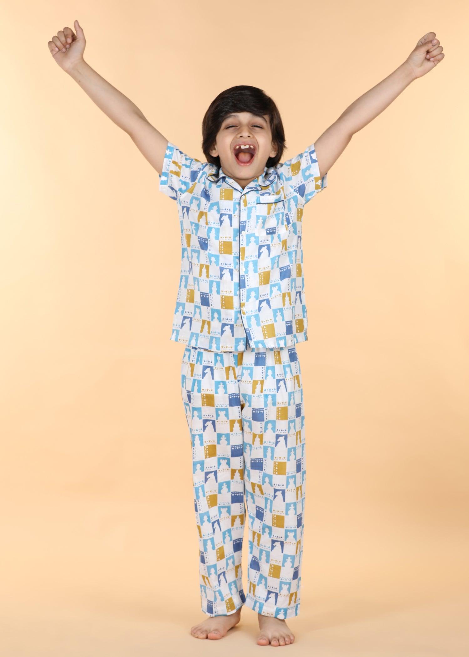 Chessboard Blue Green Half Sleeves Cotton Unisex Nightsuit (1-12 Yrs) Ratan Texprocess Pvt. Ltd