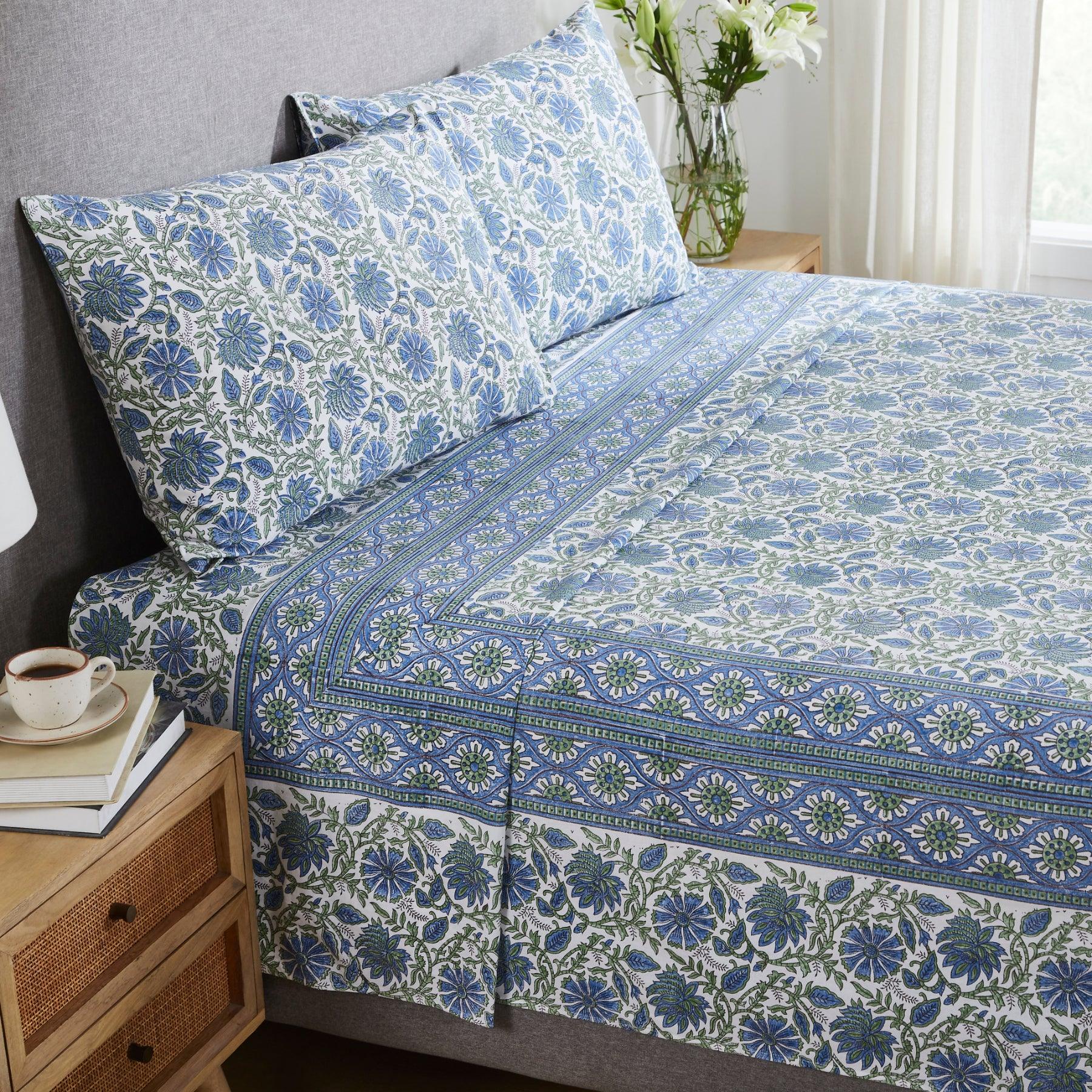 Floral Harmony Blue & Green Hand Block Printed Cotton Bedcover Ratan Texprocess Pvt. Ltd