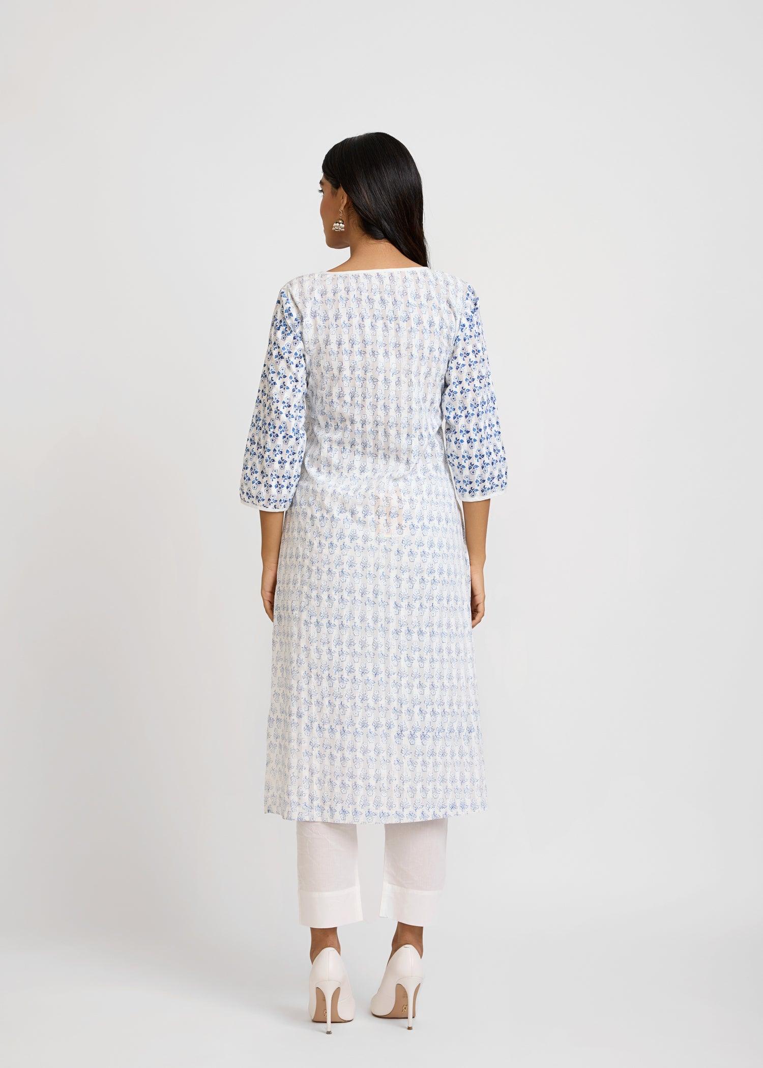 Raagini White & Blue Cotton Long Kurta Ratan Texprocess Pvt. Ltd