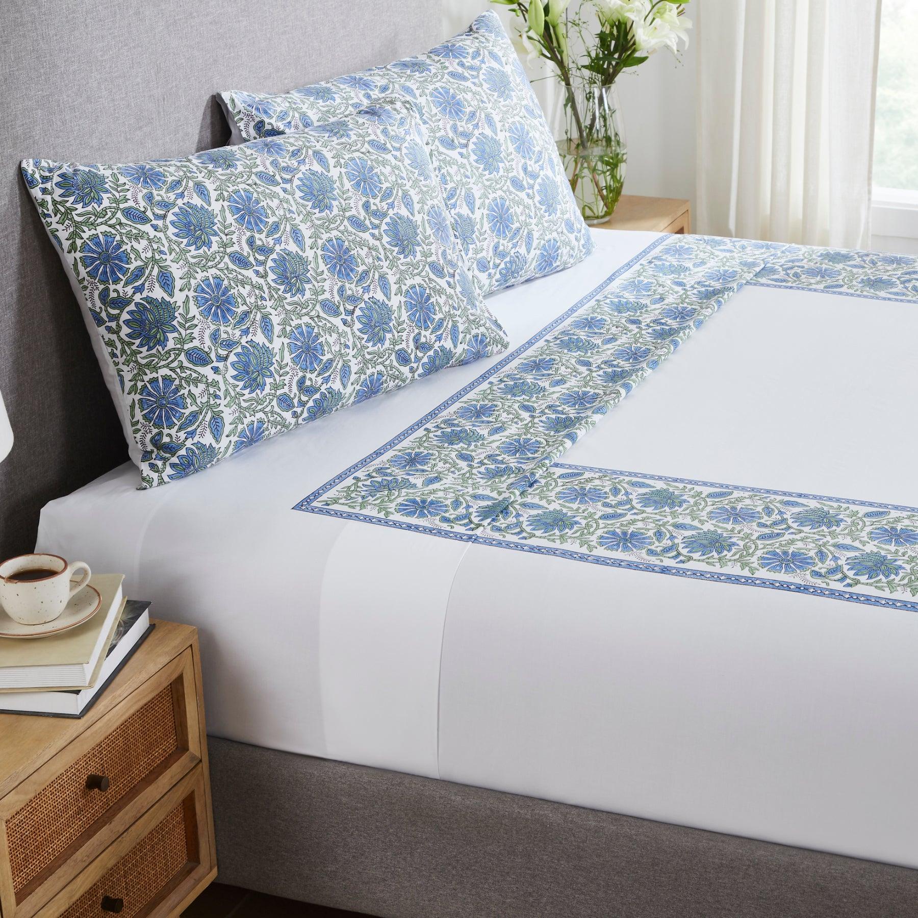 Floral Harmony Blue & Green Hand Block Printed Cotton Bedsheet with Pillow Covers Ratan Texprocess Pvt. Ltd