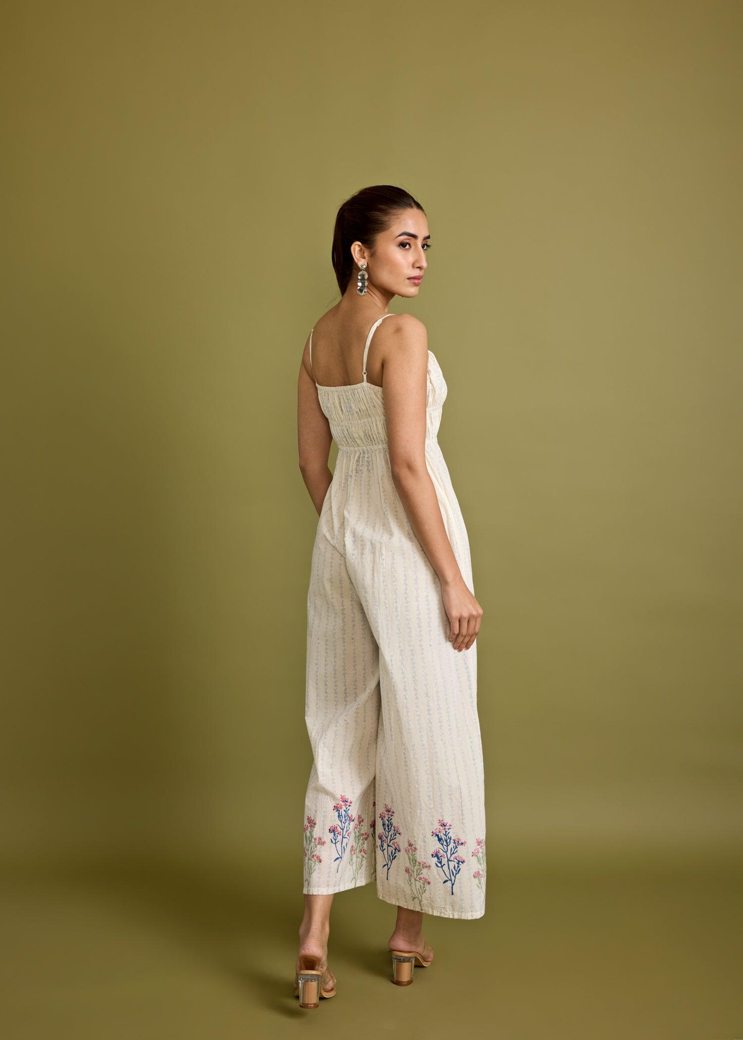 Crème Cotton Wide Legged Jumpsuit Ratan Texprocess Pvt. Ltd