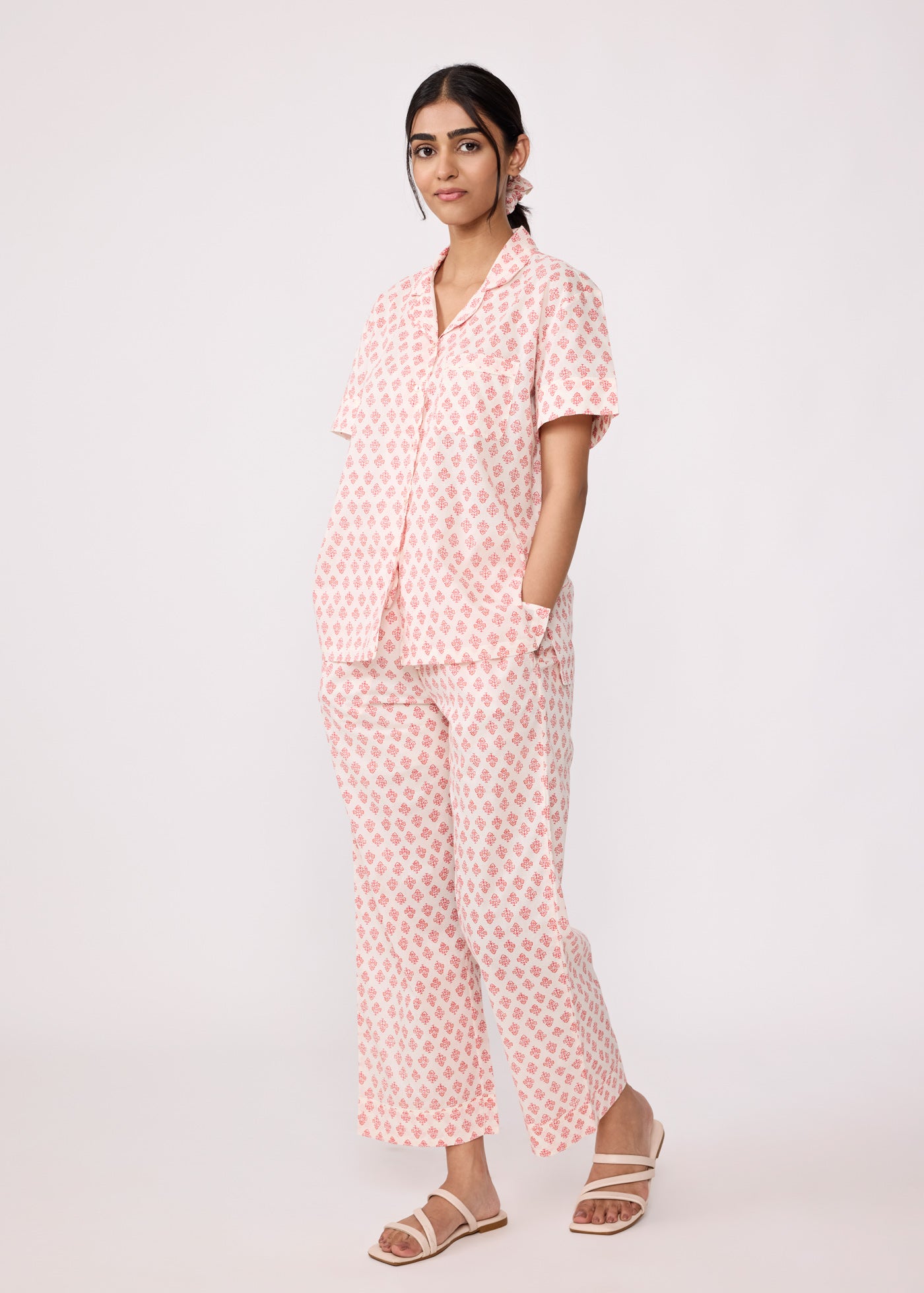 Women Sleepwear Night Suit Set-Crème/Pink