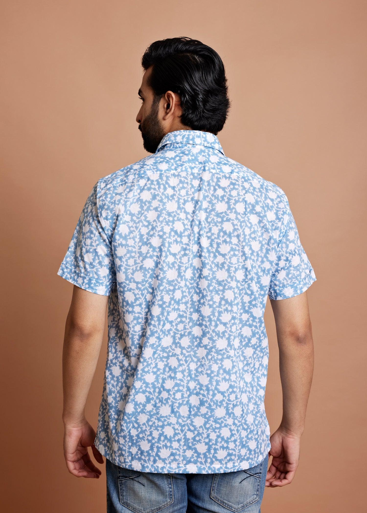 White & Aqua Blue Regular Cotton Half Sleeve Shirt Ratan Texprocess Pvt. Ltd