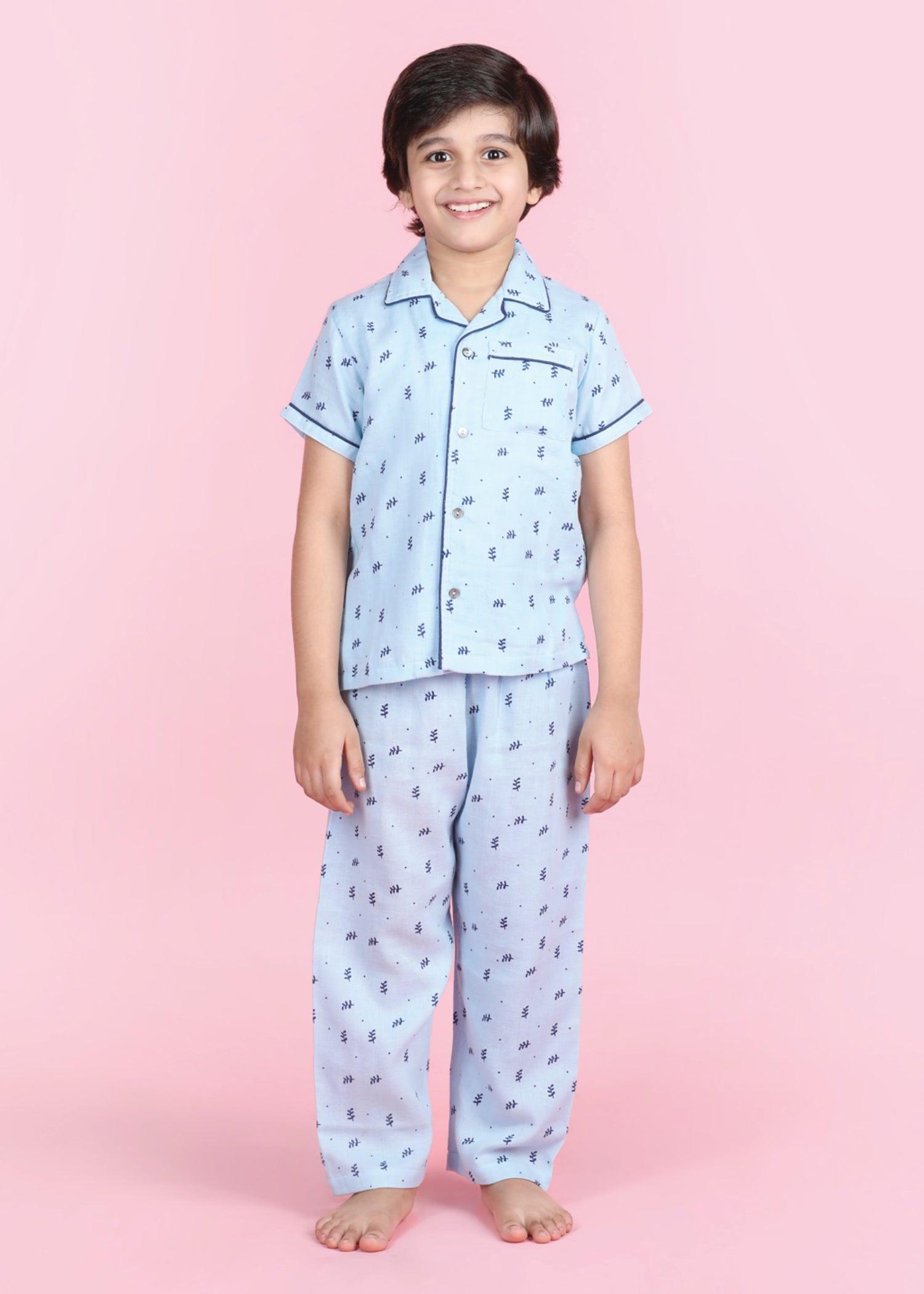 Leaf Sky Blue Half Sleeves Cotton Nighsuit Boys (1-12 Years) Ratan Texprocess Pvt. Ltd