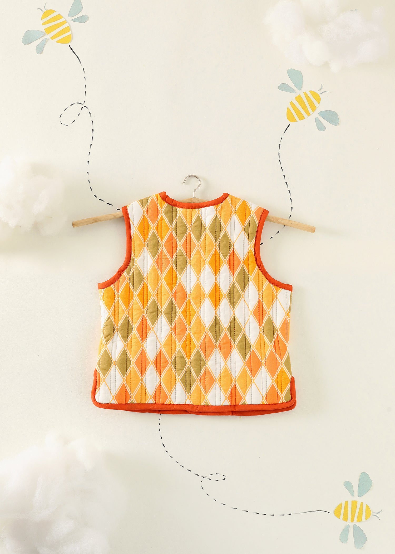 Orange Rhombus Quilted Cotton Reversible Bundi Jacket Unisex (1-7 Years) Ratan Texprocess Pvt. Ltd