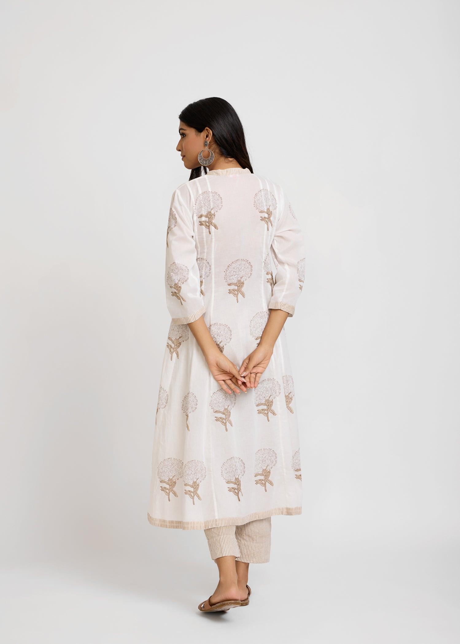 Kalidar Achkan White & Beige Cotton Long Kurta Ratan Texprocess Pvt. Ltd