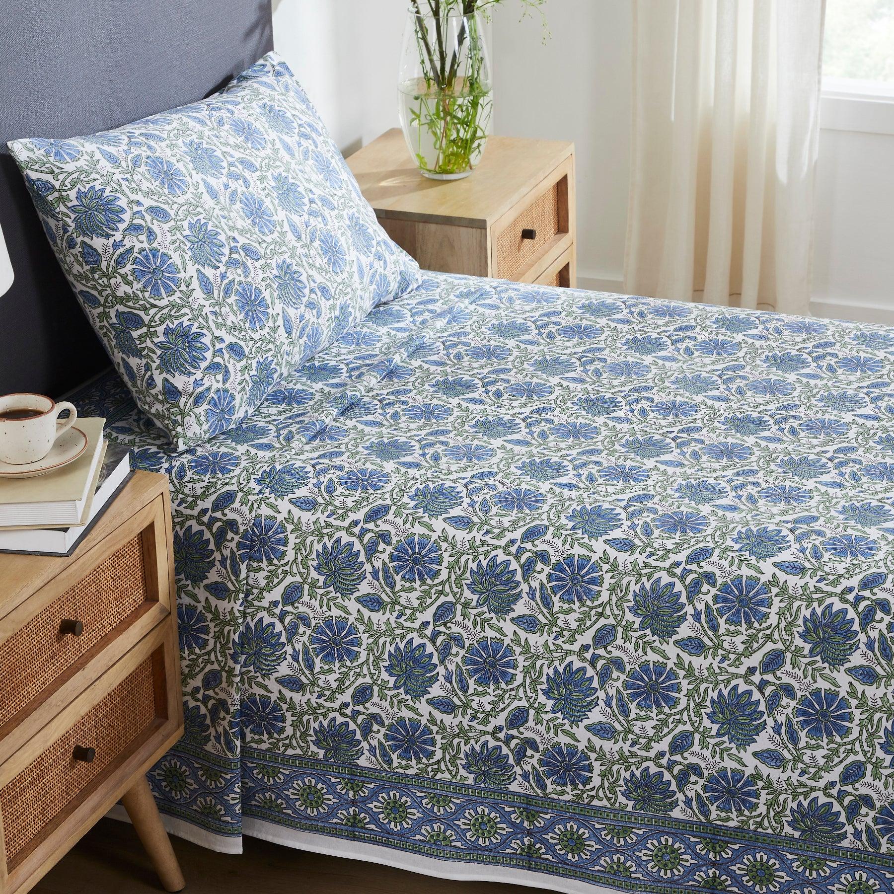 Floral Harmony Blue & Green Hand Block Printed Medium Cotton Bedcover Ratan Texprocess Pvt. Ltd