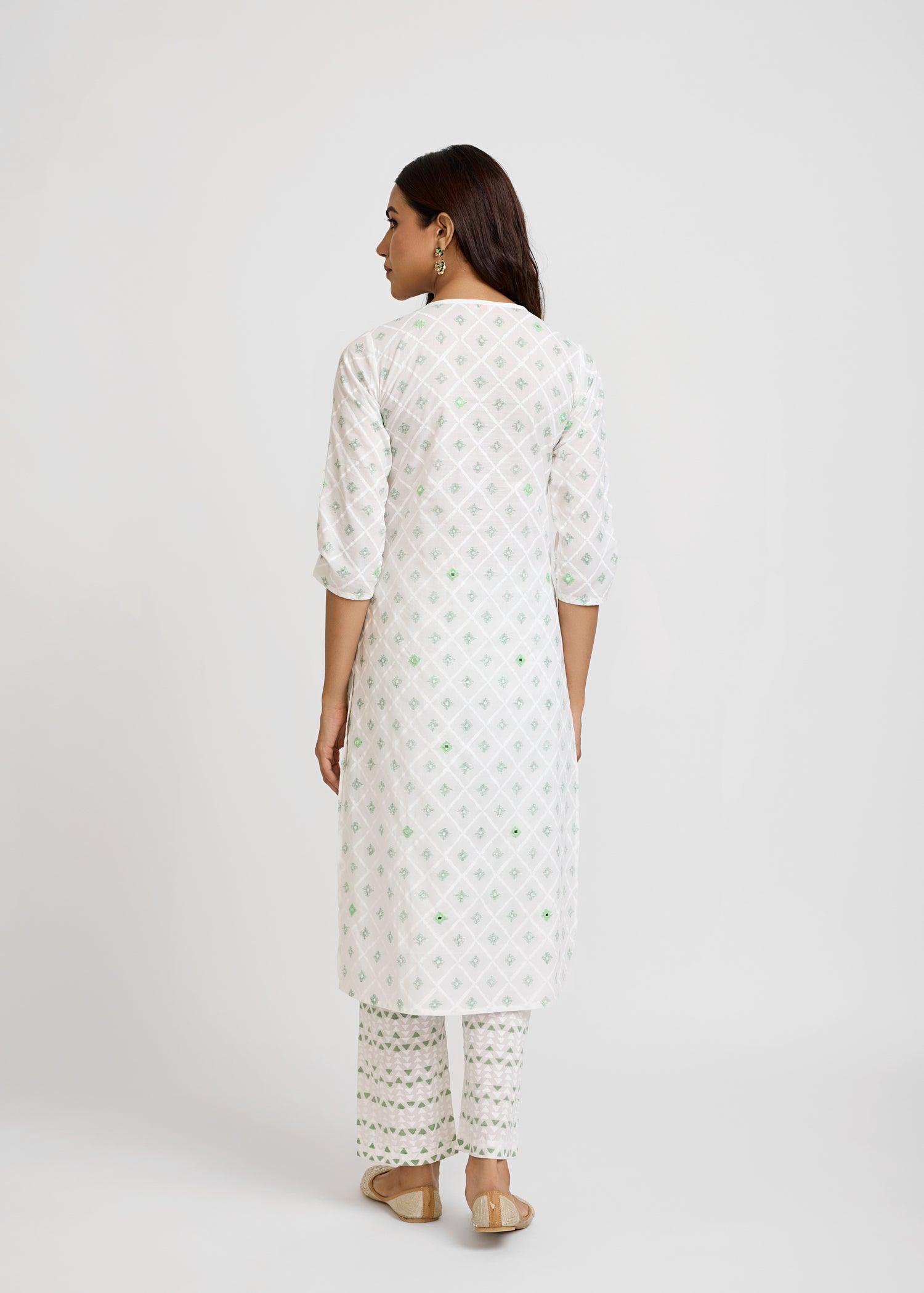 White & Green Cotton Long Kurta Ratan Texprocess Pvt. Ltd