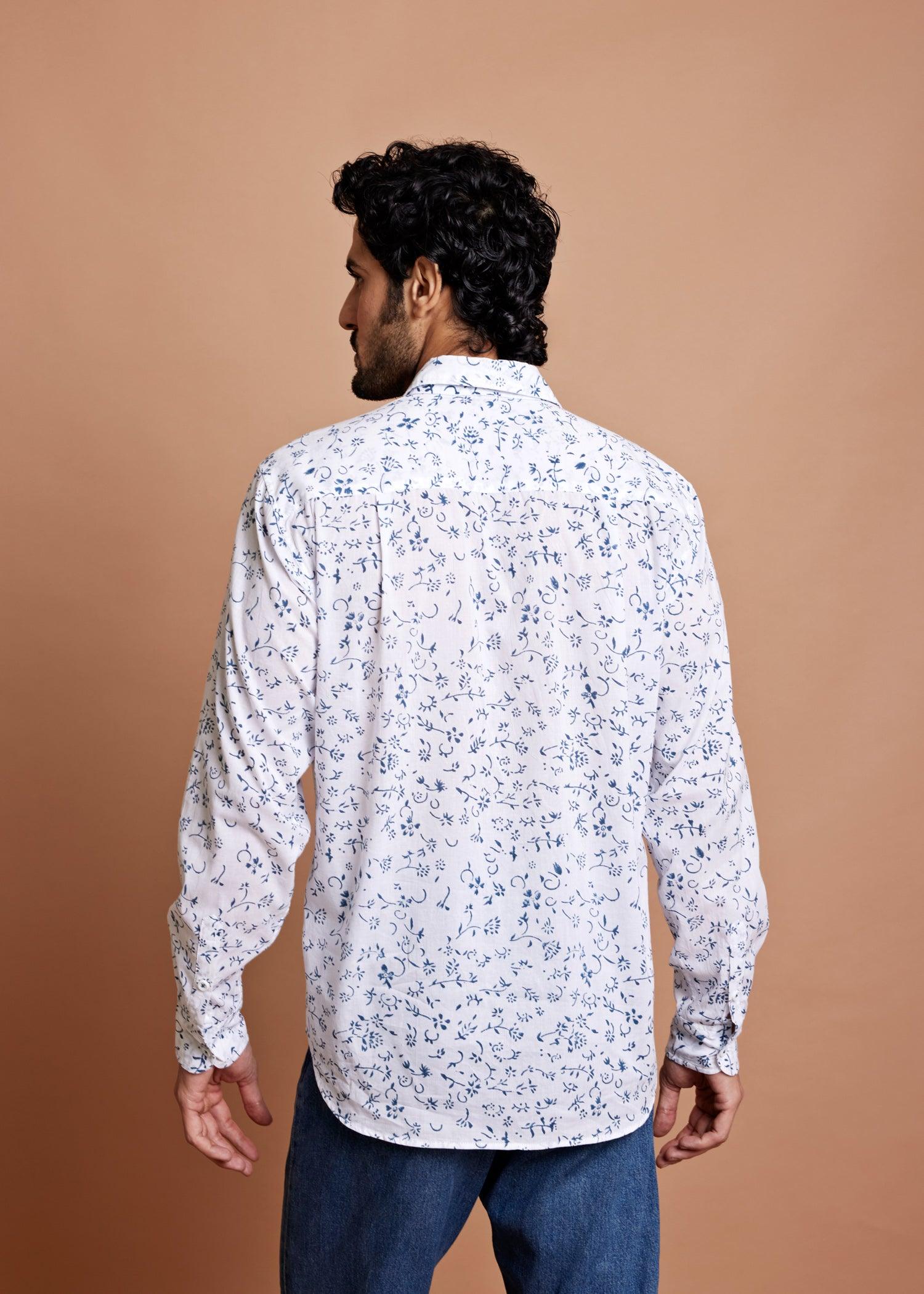 White & Marine Blue Regular Cotton Full Sleeve Shirt Ratan Texprocess Pvt. Ltd