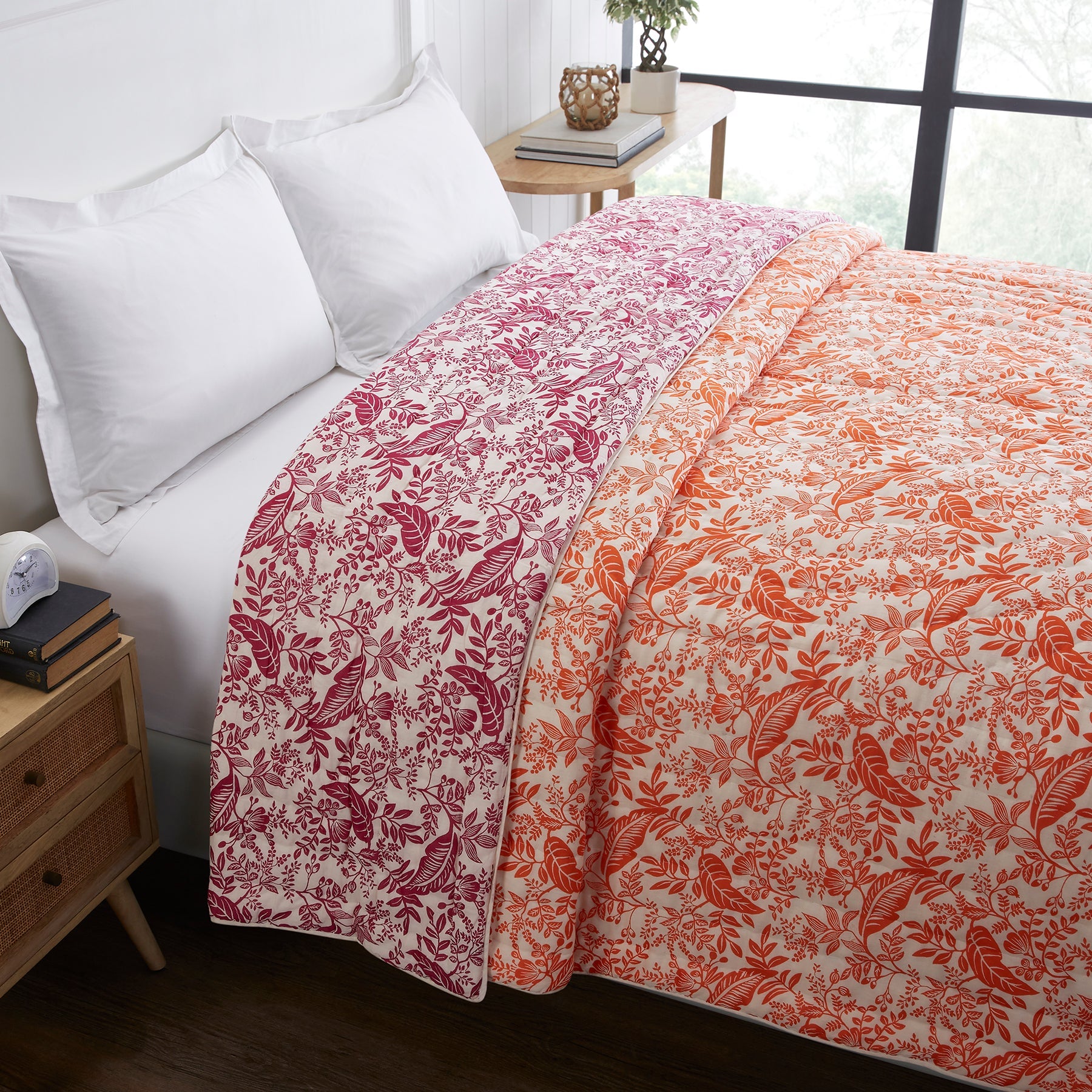 Leaf Orange & Pink Hand Screen Print Extra Cotton Quilt