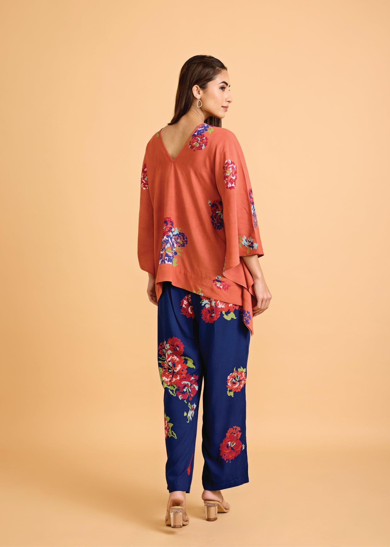 Dark Peach & Blue Loose Viscose V-Neck Kaftan Set Ratan Texprocess Pvt. Ltd