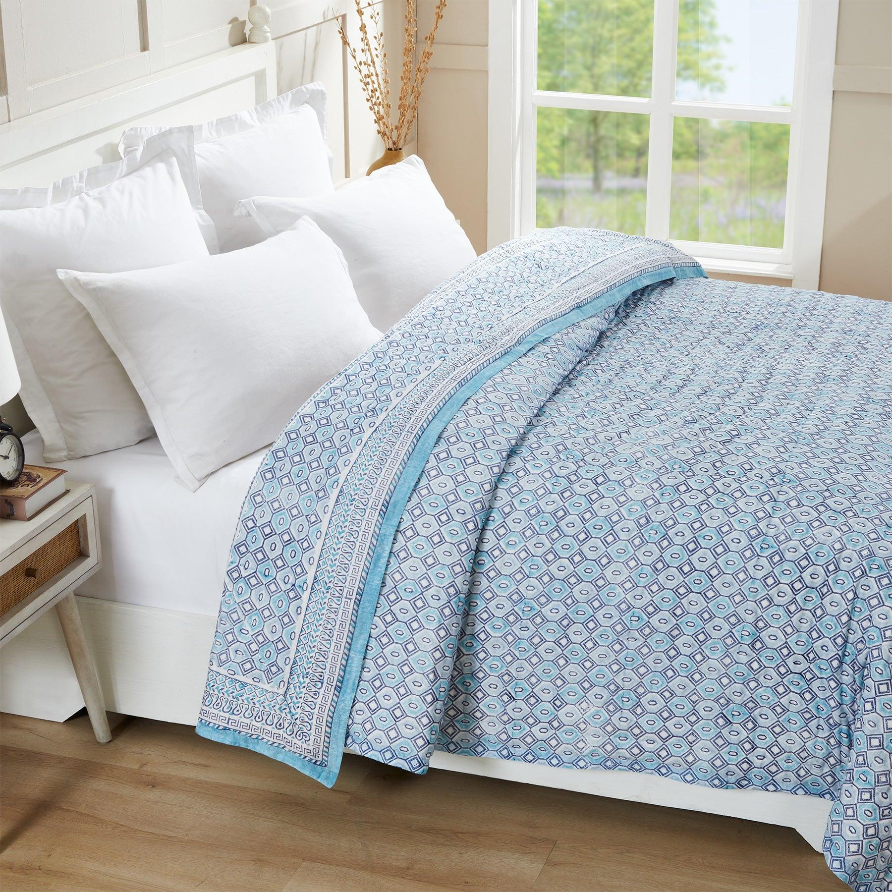 Geometric Aqua Blue Hand Block Print Lightweight Cotton Quilt