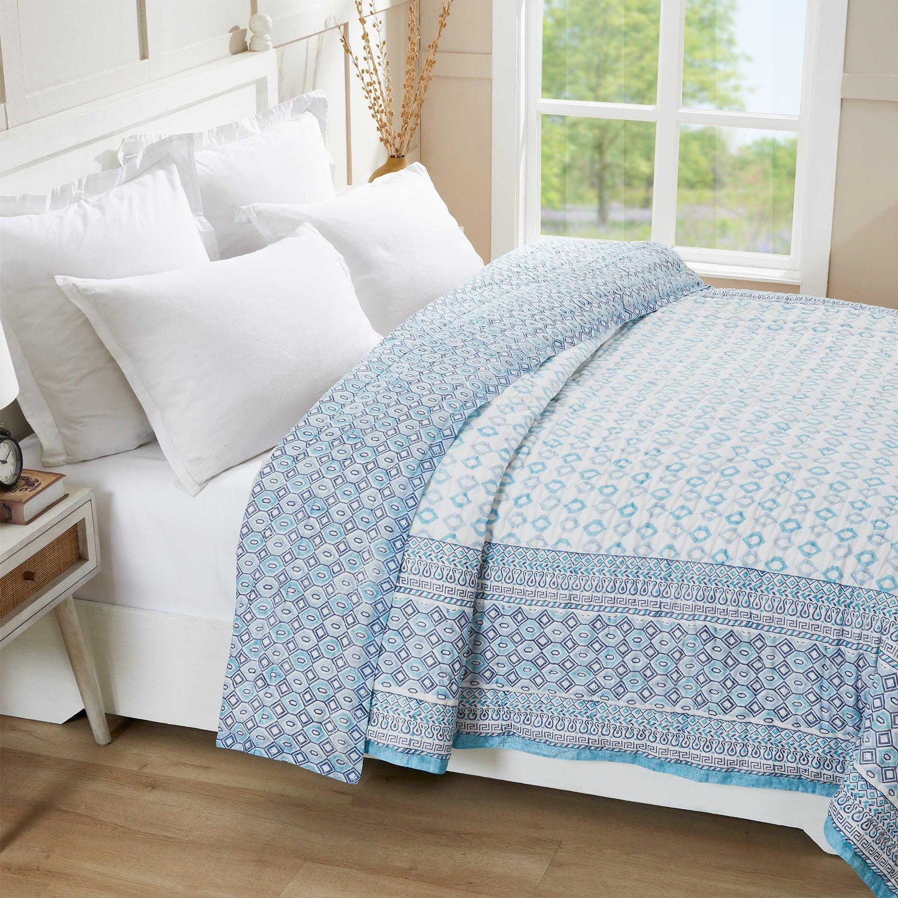 Geometric Aqua Blue Color Hand Block Print Extra Cotton Filling Quilt