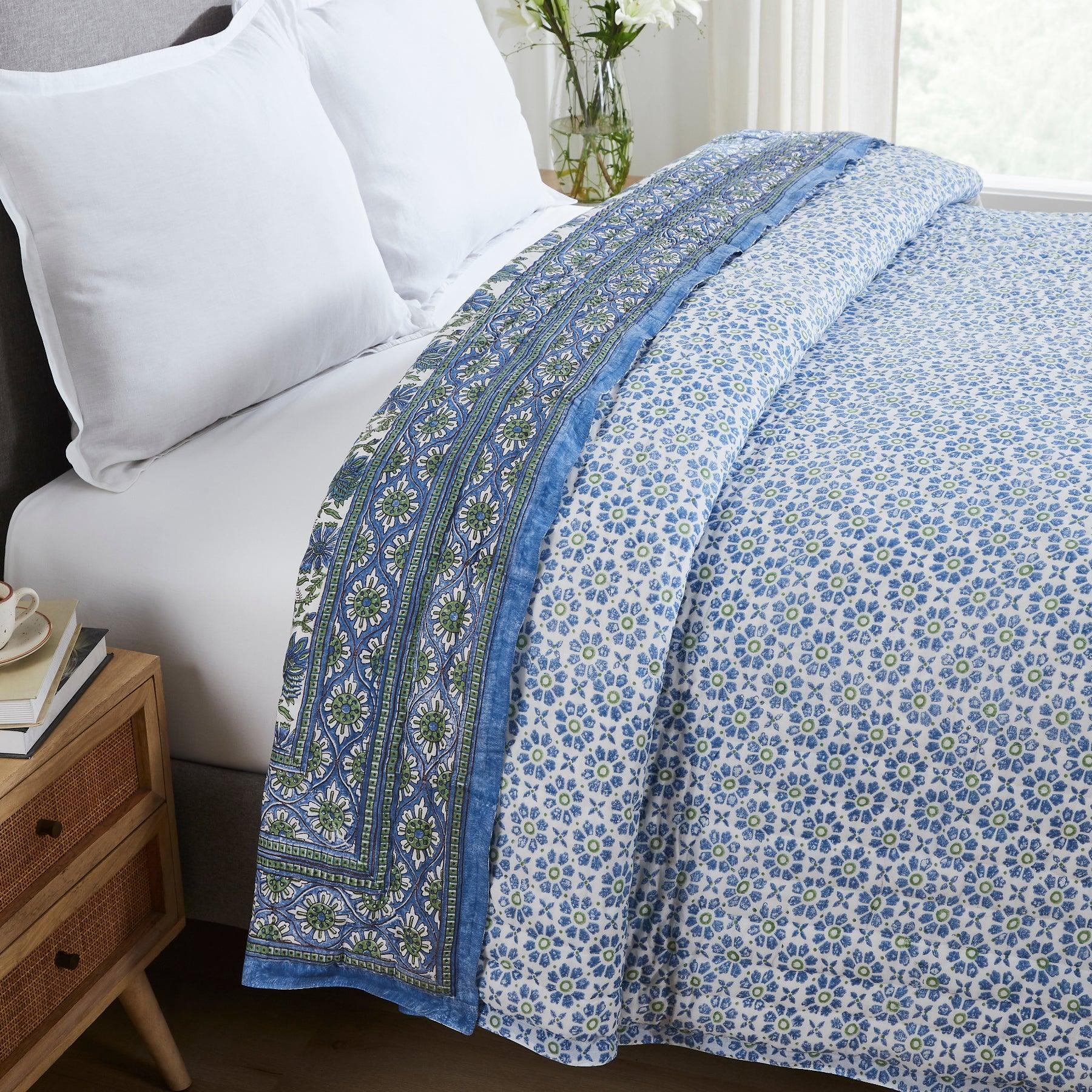 Floral Harmony Blue & Green Hand Block Print Lightweight Cotton Quilt Ratan Texprocess Pvt. Ltd