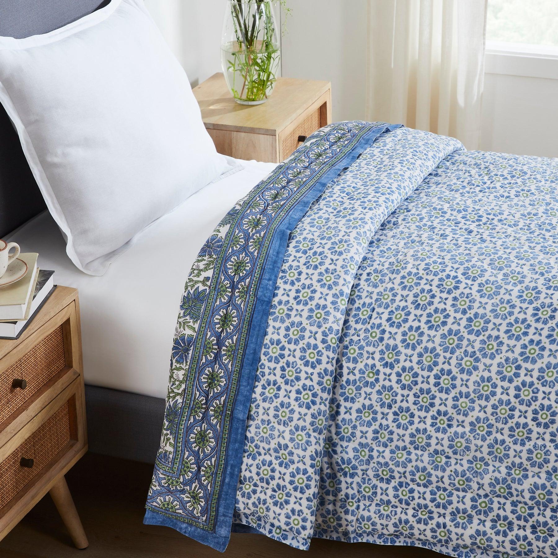 Floral Harmony Blue & Green Hand Block Print Lightweight Medium Cotton Quilt Ratan Texprocess Pvt. Ltd