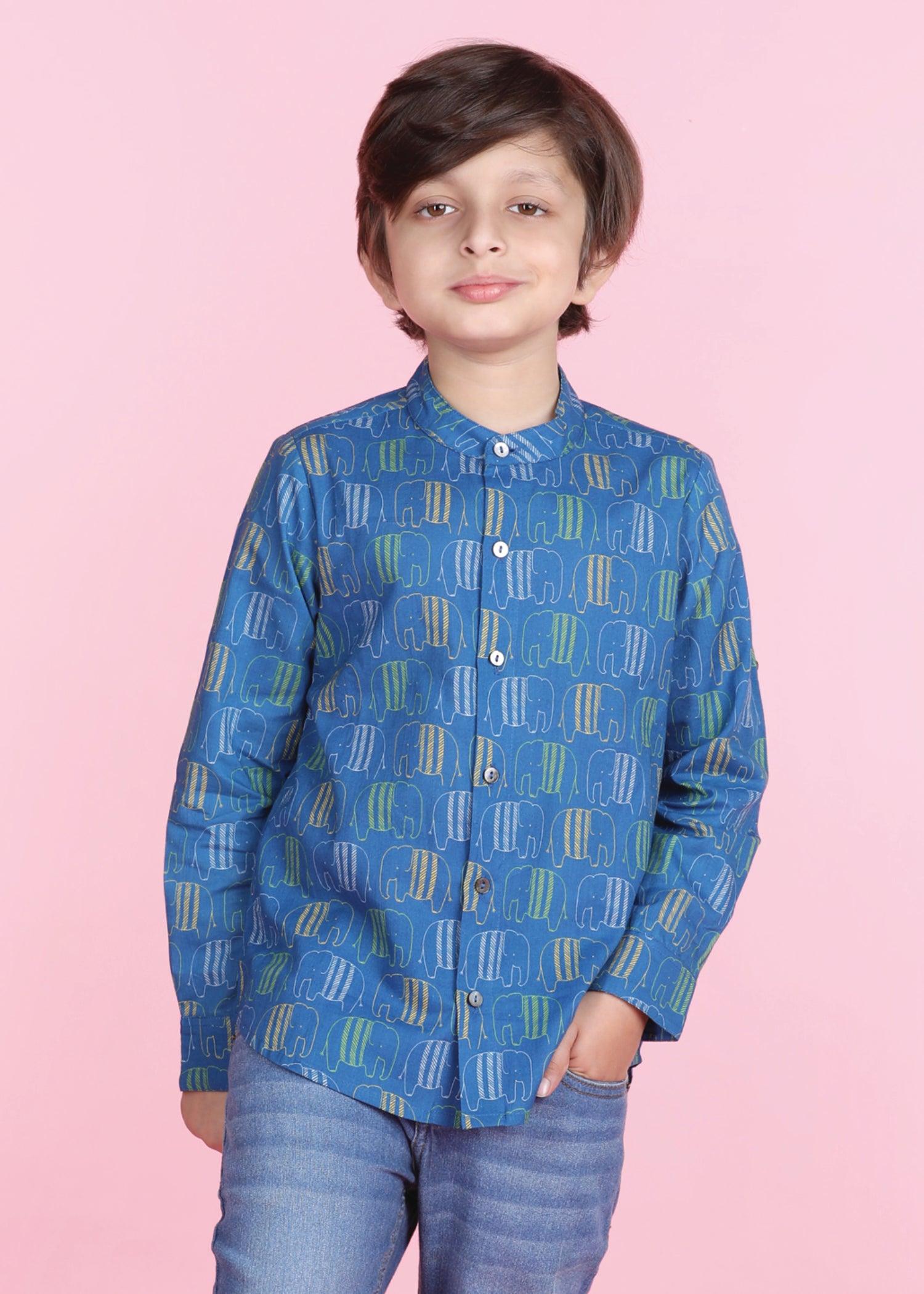 Crayon Elephant Blue  Cotton Full Sleeves Shirt Boy  (6 Months -12 Years) Ratan Texprocess Pvt. Ltd