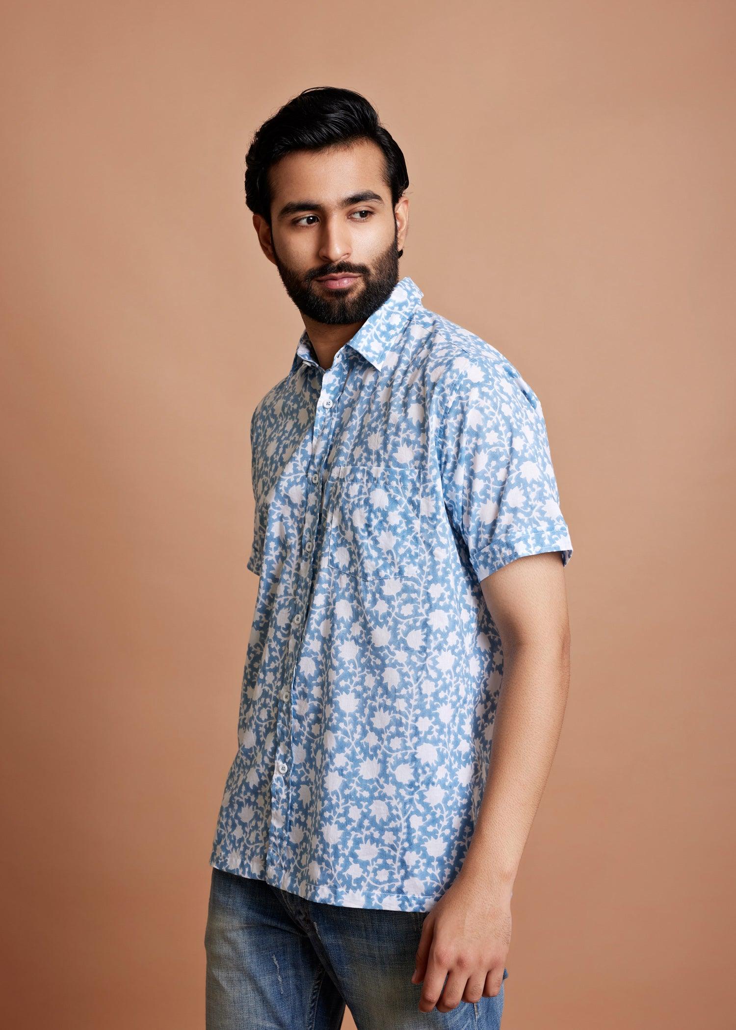 White & Aqua Blue Regular Cotton Half Sleeve Shirt Ratan Texprocess Pvt. Ltd