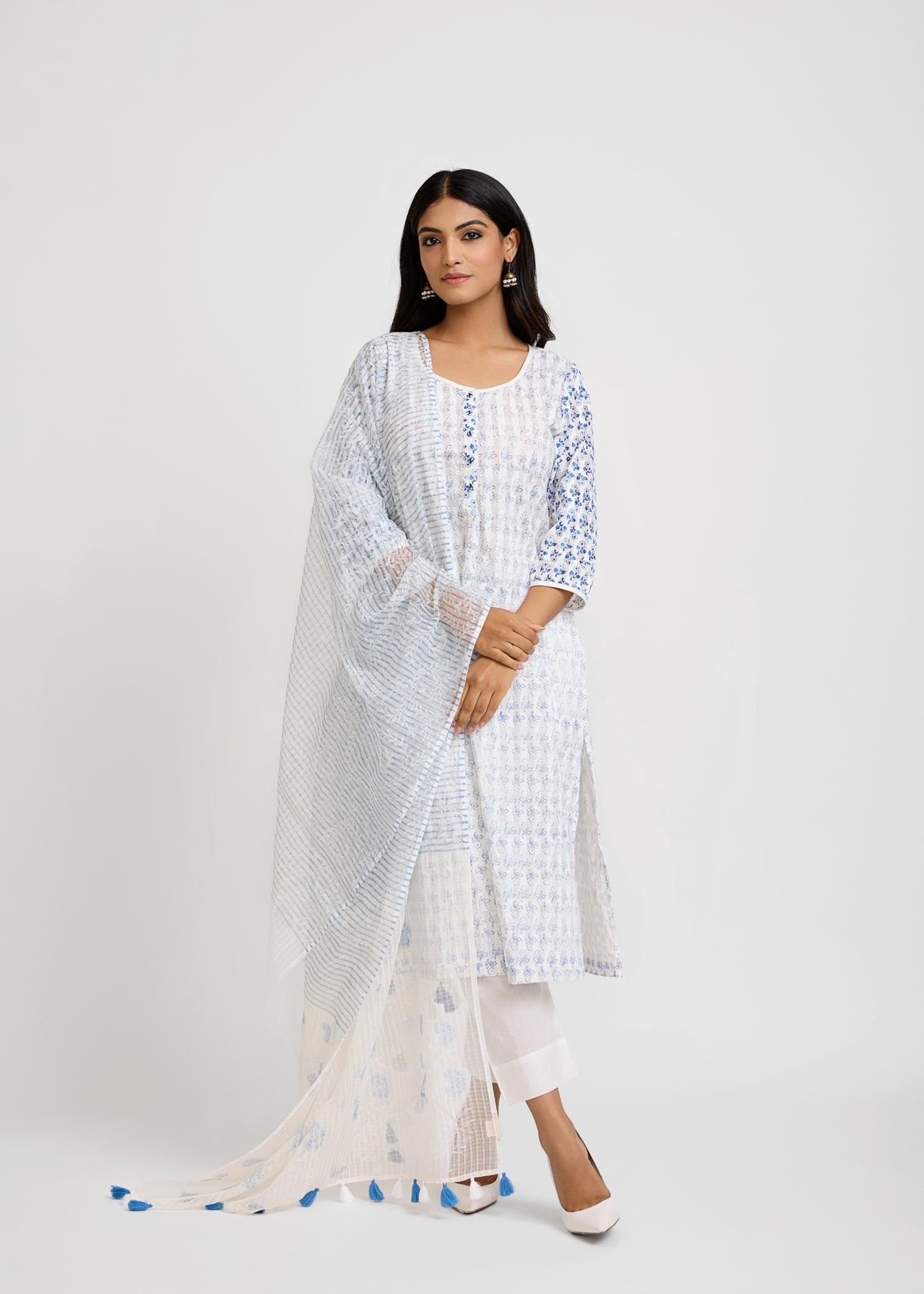 White & Blue Kota Doria Dupatta Ratan Texprocess Pvt. Ltd