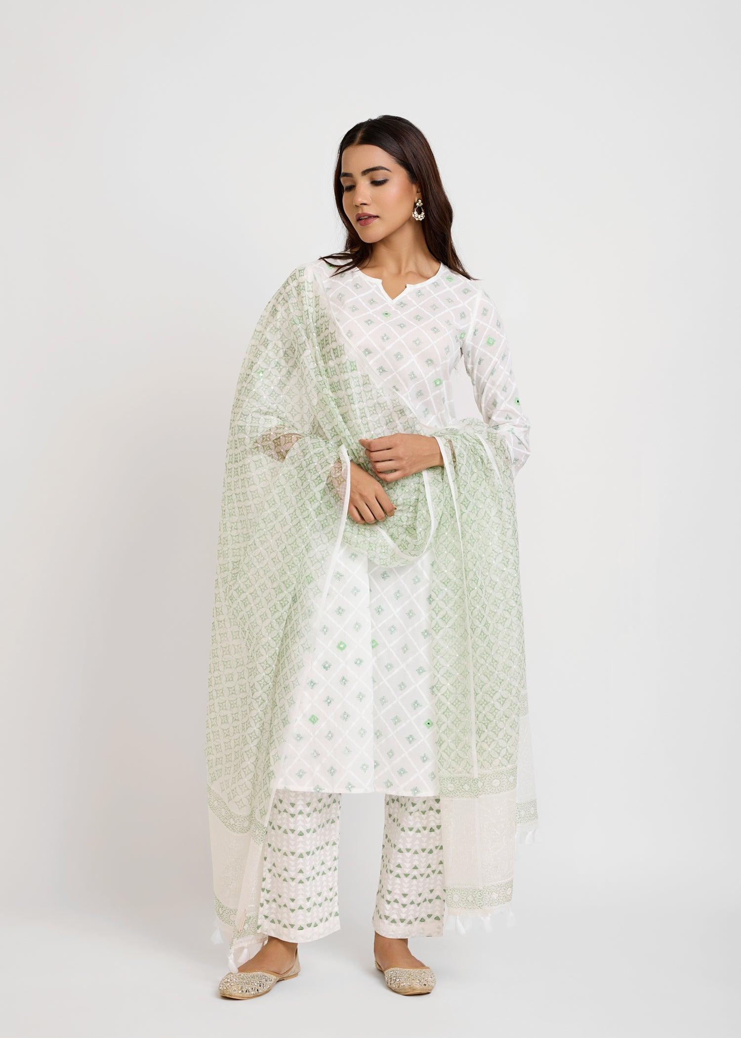 White & Green Cotton Long Kurta Ratan Texprocess Pvt. Ltd