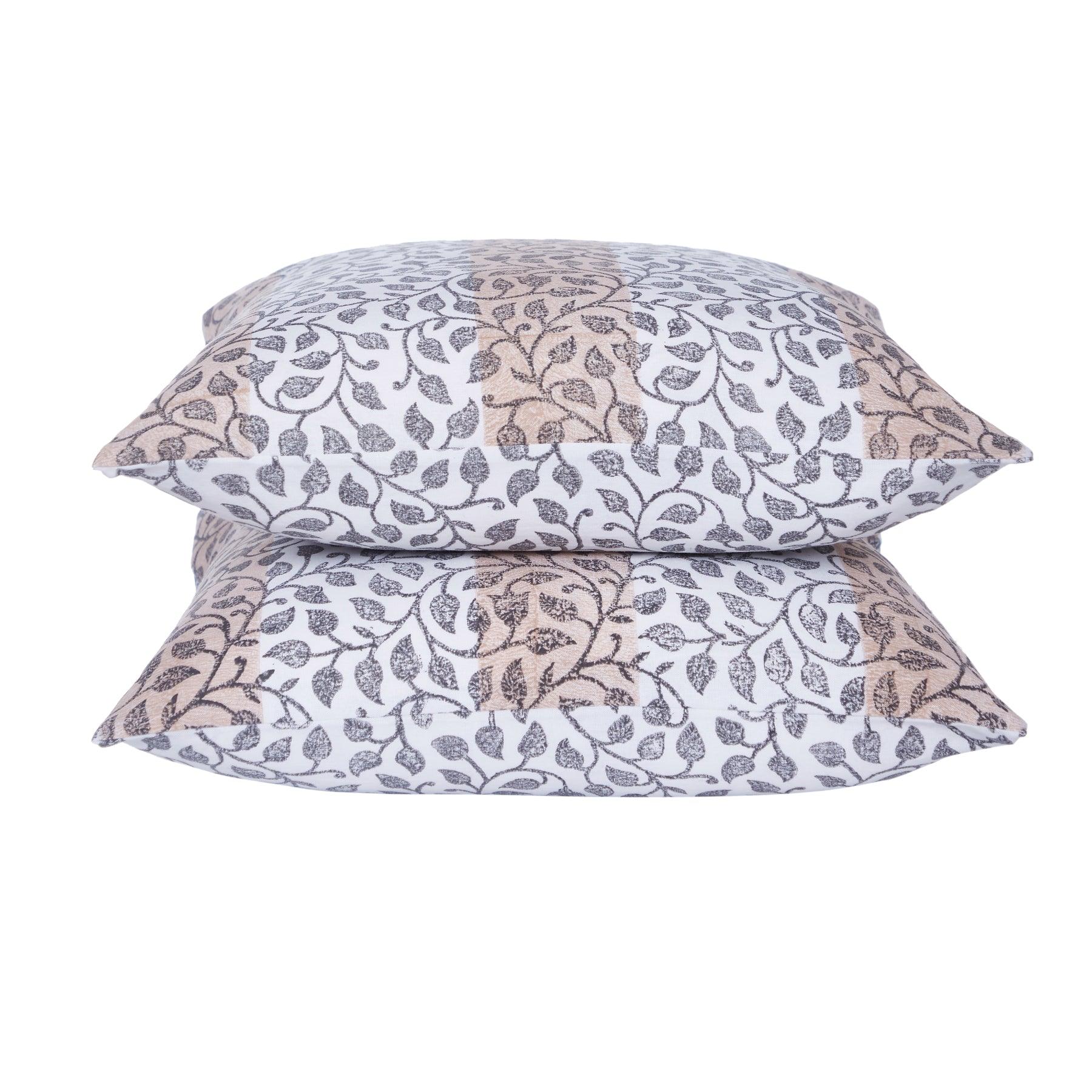 Leaf Trellis Beige & Charcoal Hand Block Print Cotton Cushion Cover Ratan Texprocess Pvt. Ltd