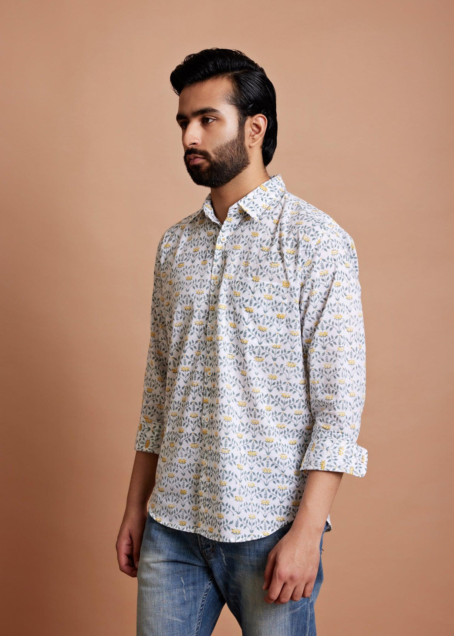 White Ochre & Green Regular Cotton Full Sleeve Shirt Ratan Texprocess Pvt. Ltd