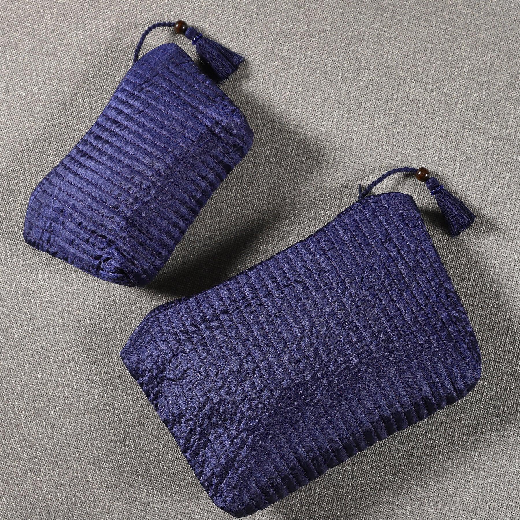 Blue Quilted Silk Trinket Pouch (Set of 2) Ratan Texprocess Pvt. Ltd