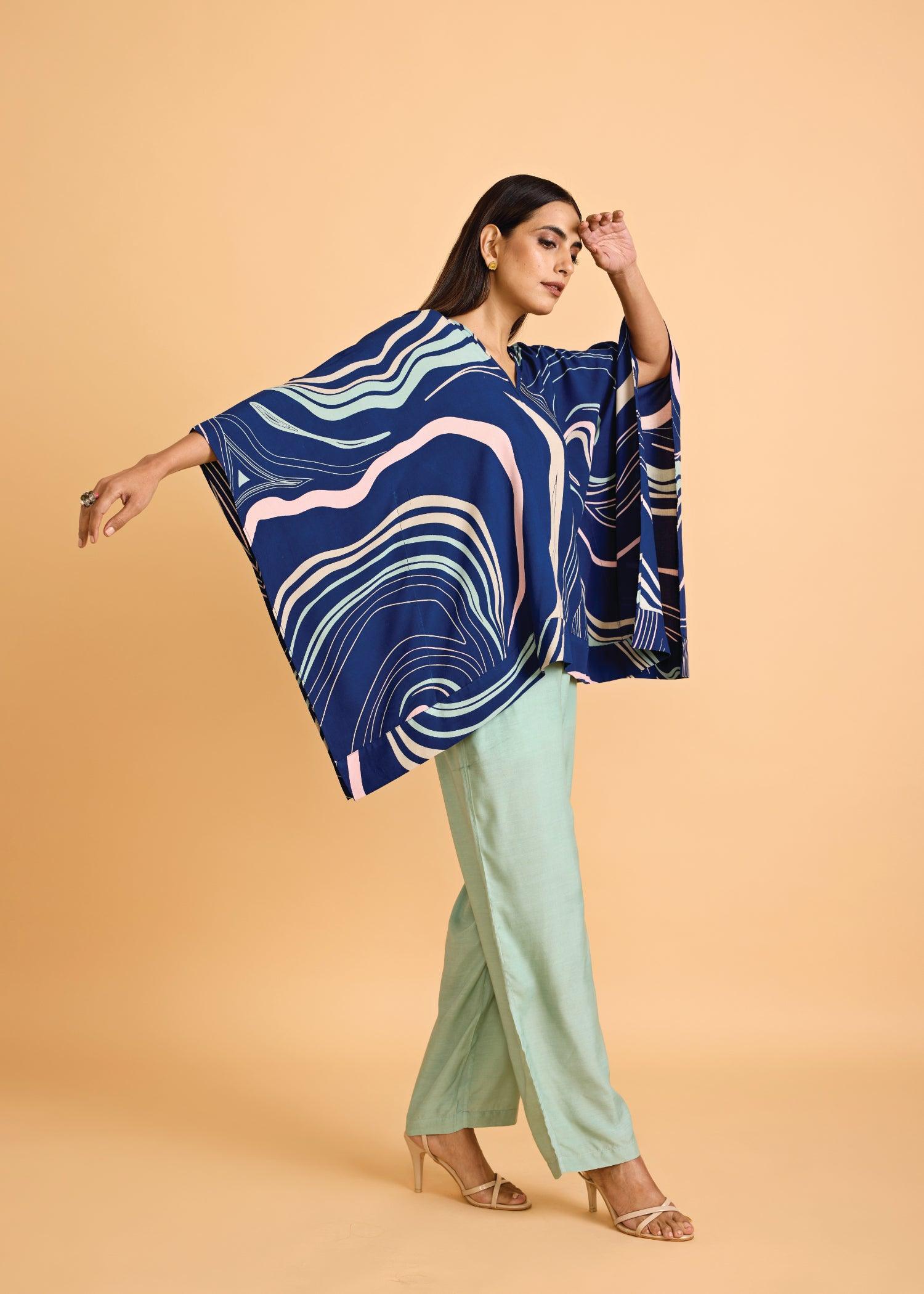 Midnight Blue & Mint Loose Viscose V- Neck Kaftan Ratan Texprocess Pvt. Ltd