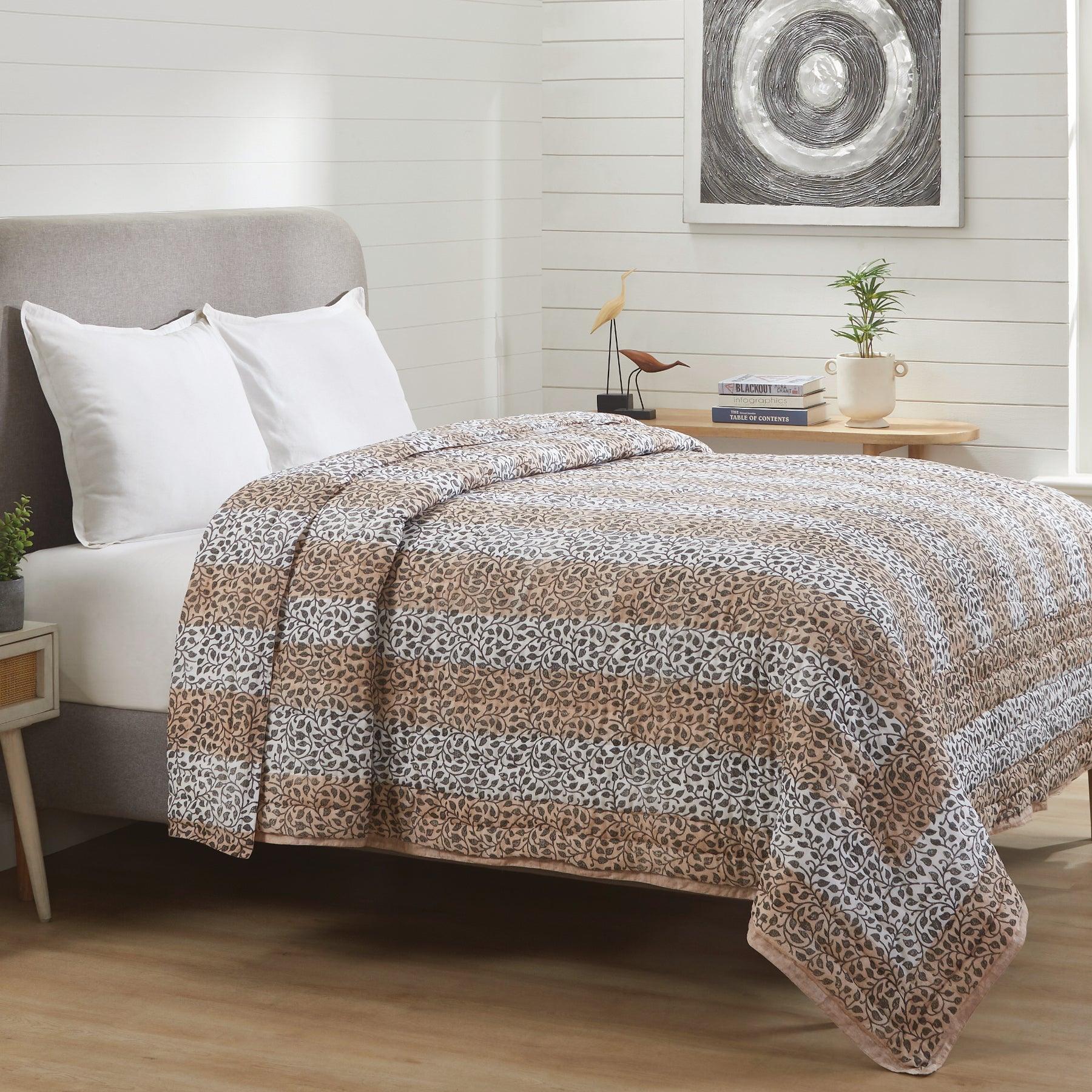 Leaf Trellis Beige & Charcoal Hand Block Print Lightweight Cotton Quilt Ratan Texprocess Pvt. Ltd