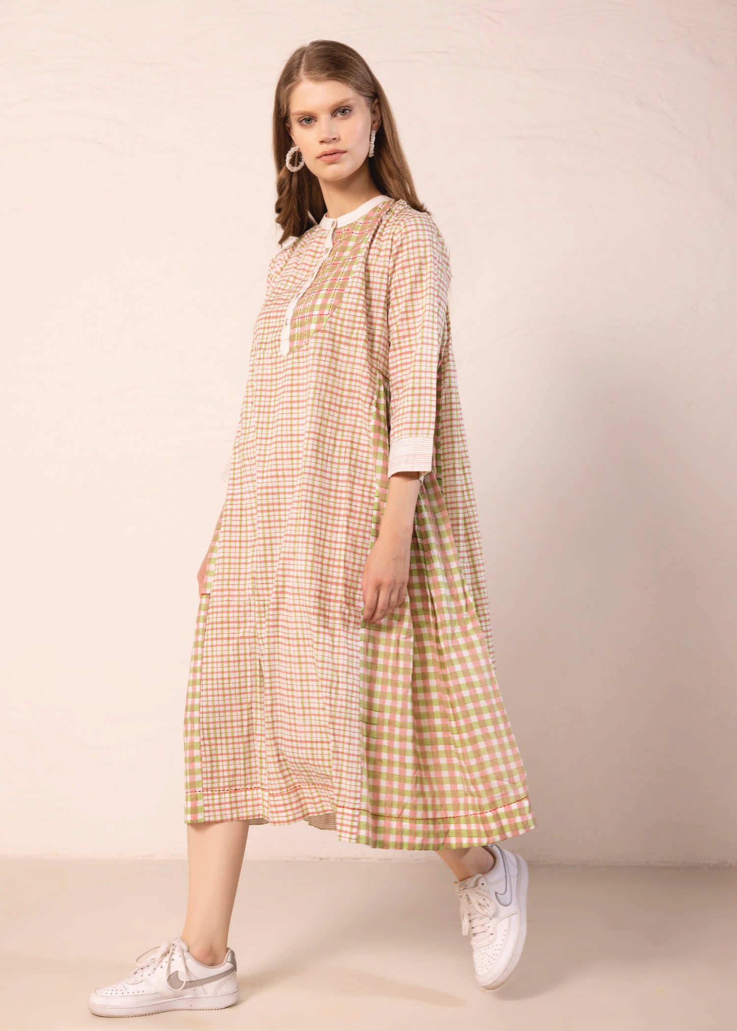 Pink & Green Loose Cotton Cross-Over Gather Dress Ratan Texprocess Pvt. Ltd