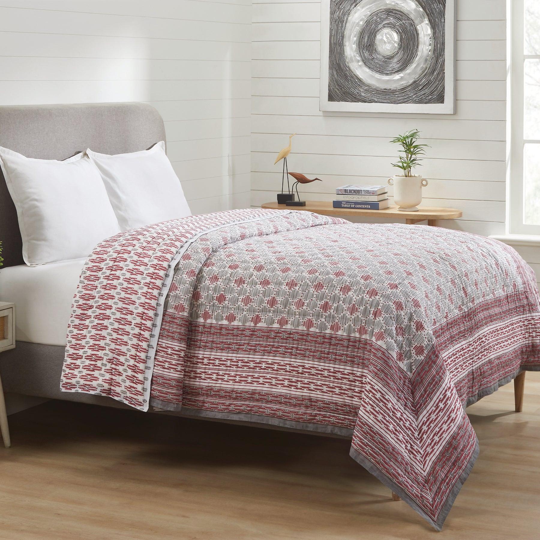 Geometric Quint Red & Grey Hand Block Print Lightweight Cotton Quilt Ratan Texprocess Pvt. Ltd