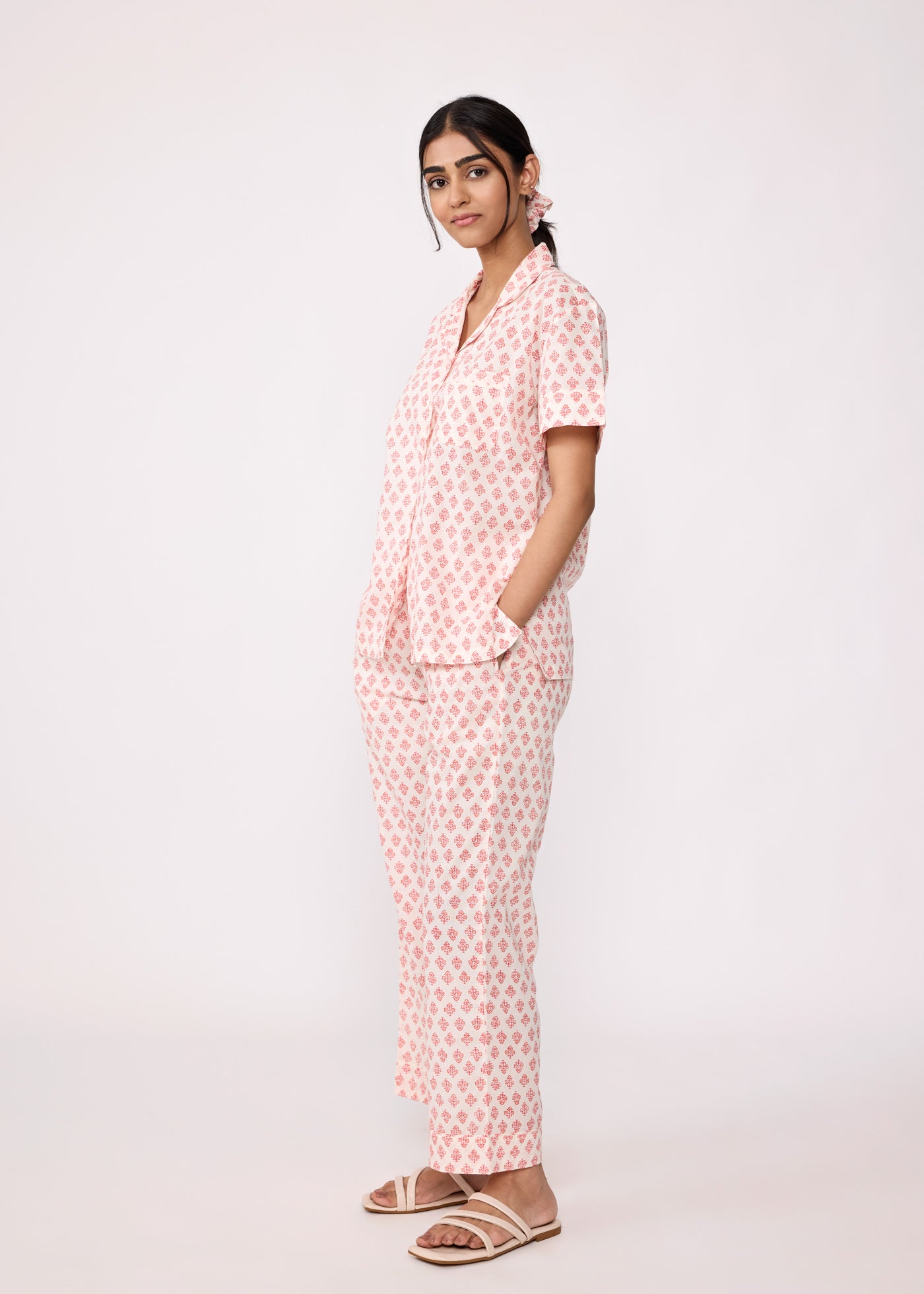 Women Sleepwear Night Suit Set-Crème/Pink