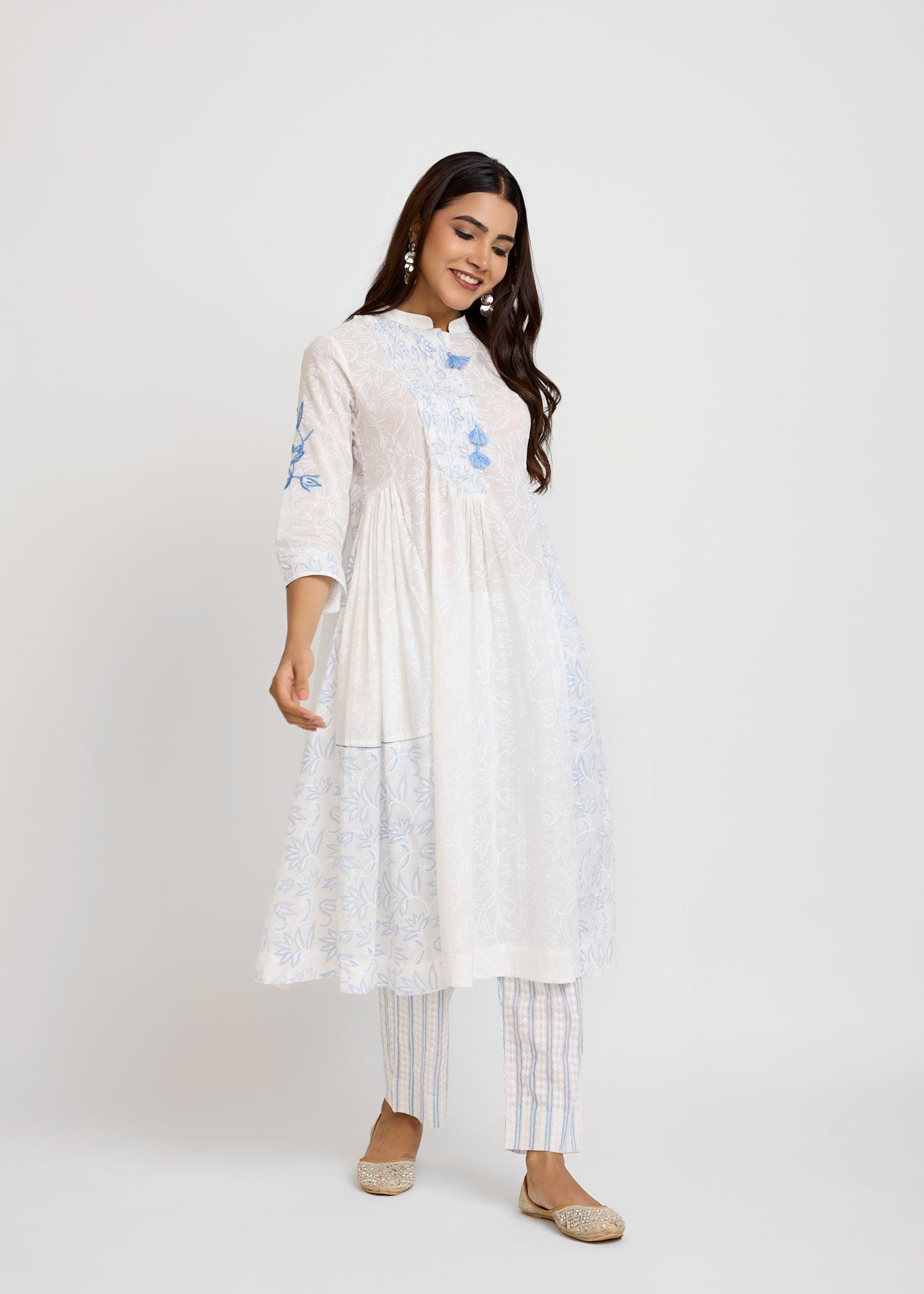 Gathered White & Blue Kurta Ratan Texprocess Pvt. Ltd