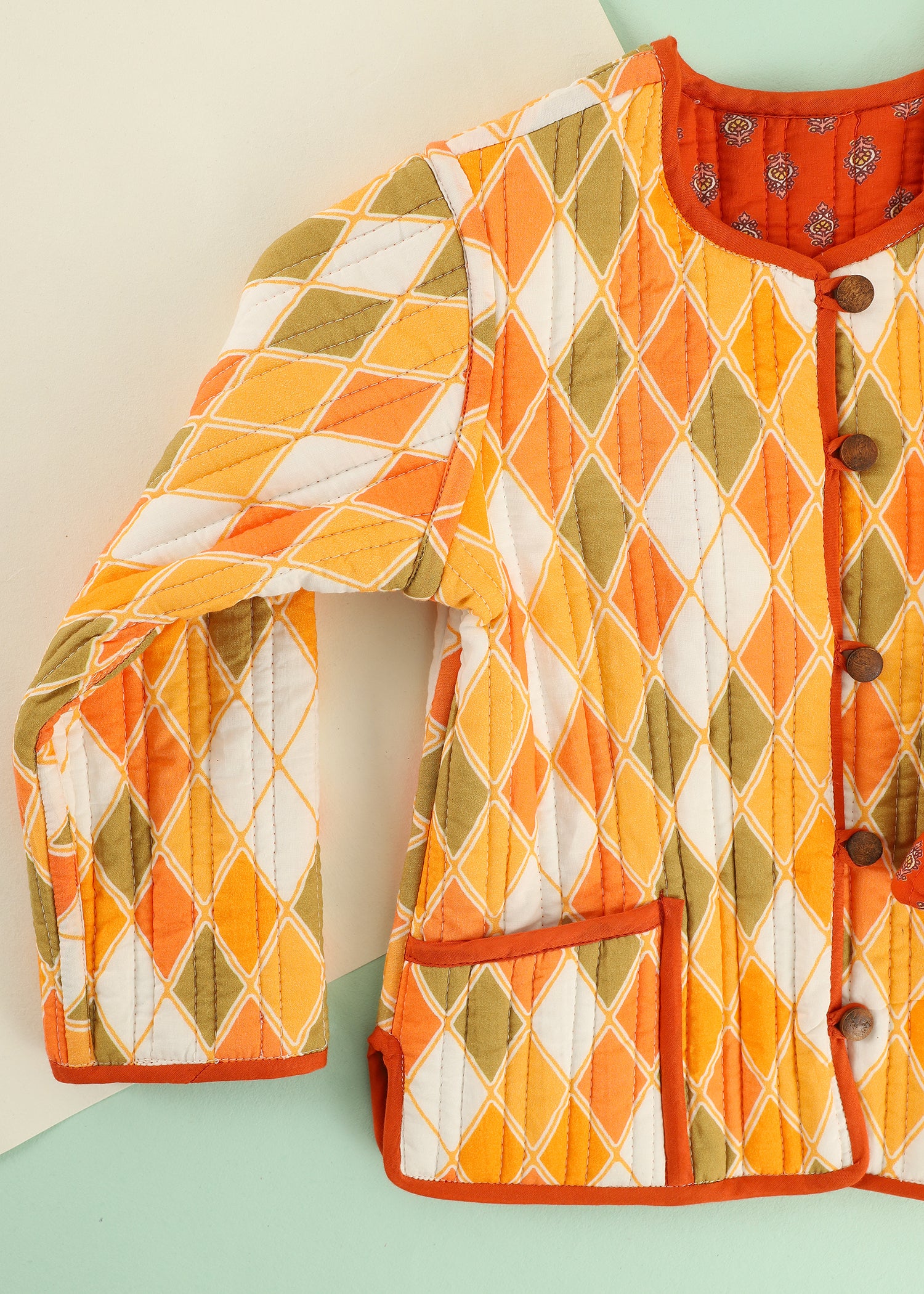 Orange Rhombus Quilted Cotton Reversible Coat Unisex (0-7 Years) Ratan Jaipur