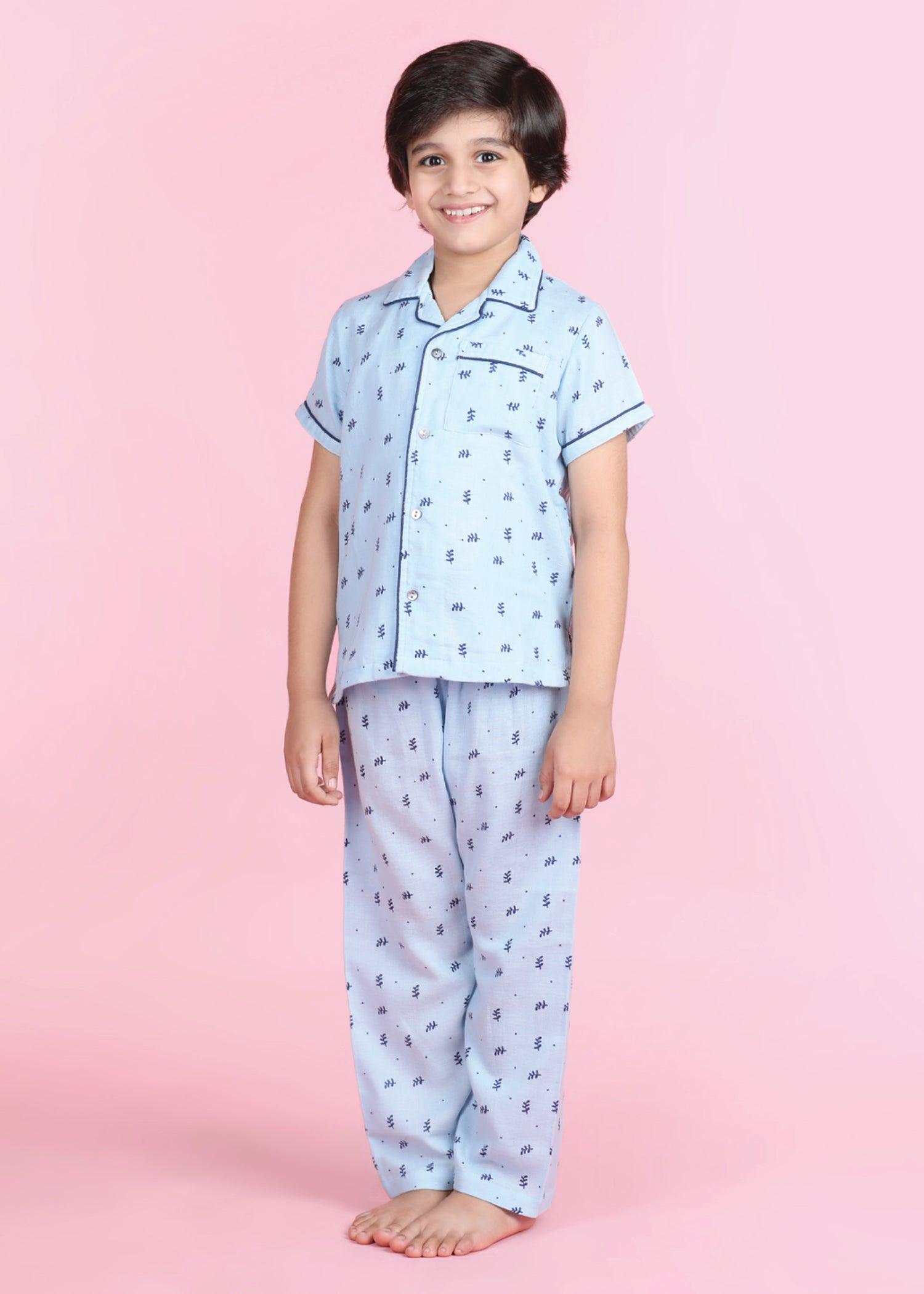 Leaf Sky Blue Half Sleeves Cotton Nighsuit Boys (1-12 Years) Ratan Texprocess Pvt. Ltd